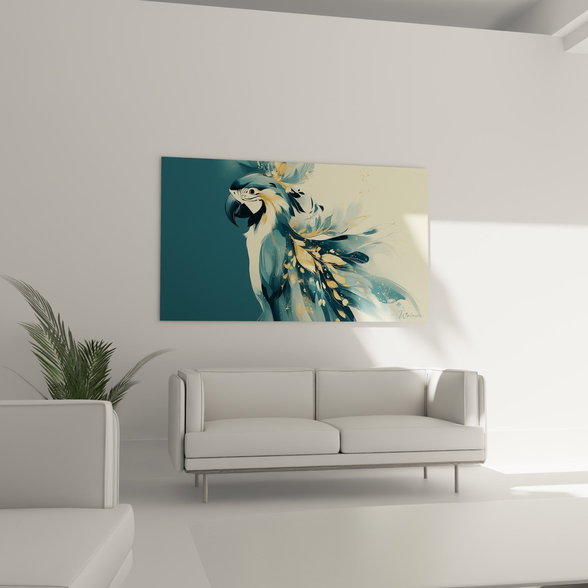 Bec noir et regard vif du perroquet bleu pétrole, plumage doré, au-dessus d'un canapé dans un salon lumineux