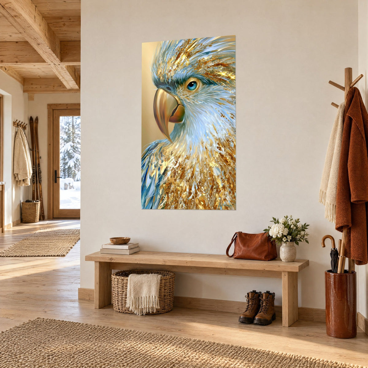 Wall art exotic bird in profile, turquoise eye, golden and light blue feathers, white wall of a chalet entrance hall