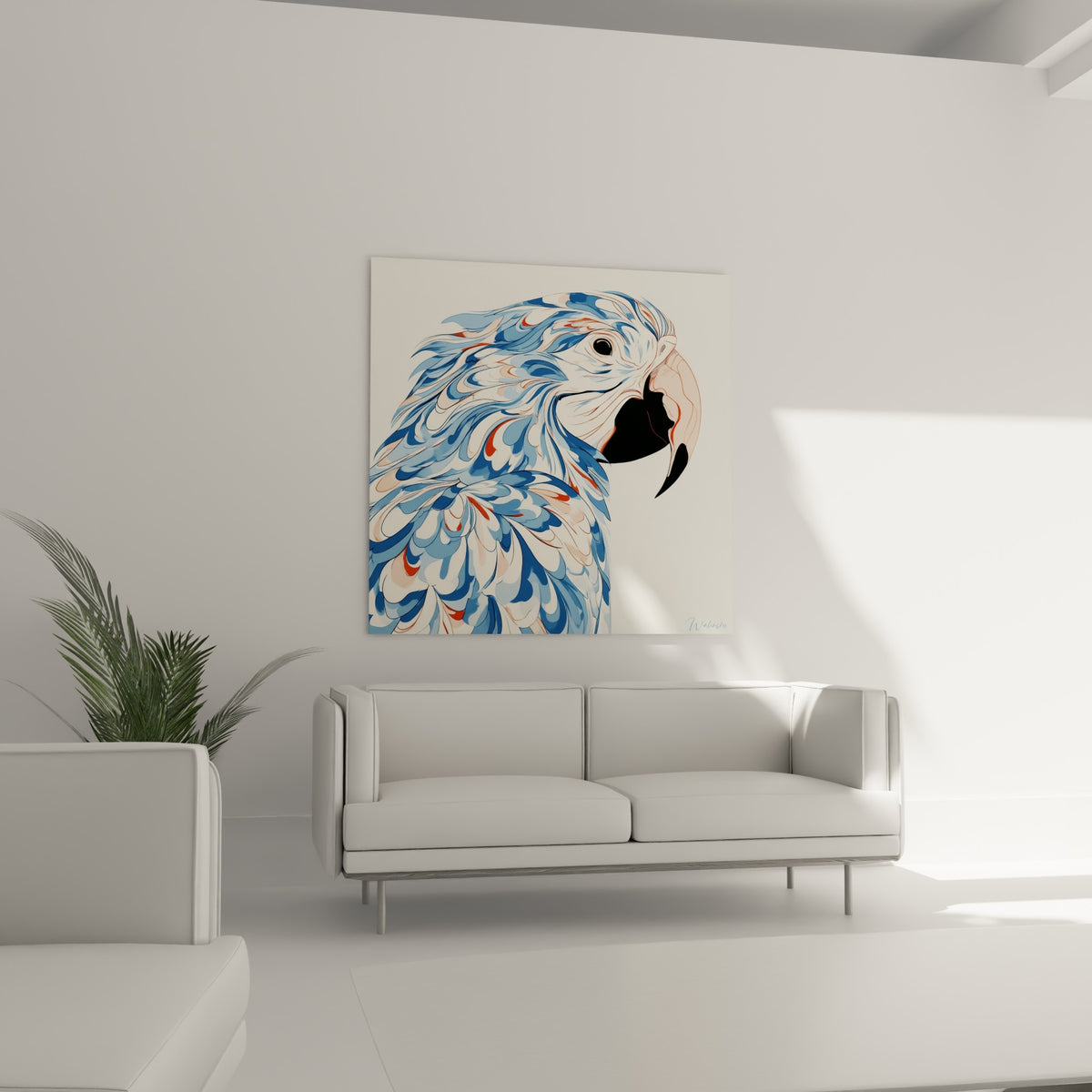 Bec rose pâle et œil noir intense d'un perroquet graphique, au-dessus d'un canapé dans un salon lumineux