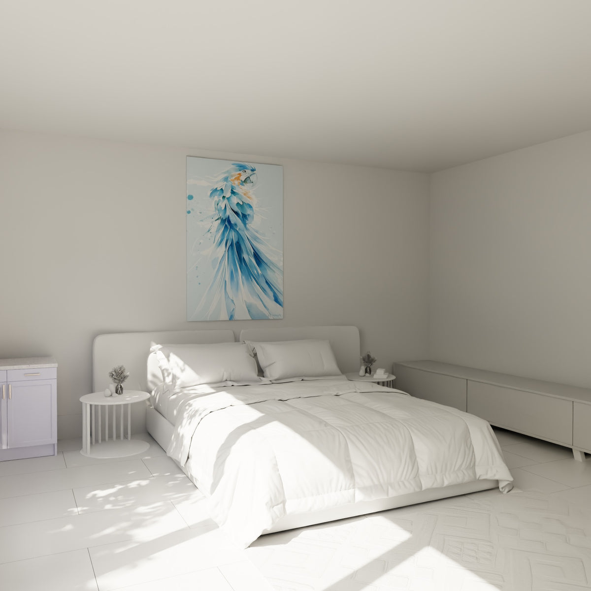 Oiseau bleu marine et blanc aux plumes fluides, accroché au-dessus d'un lit dans une chambre claire