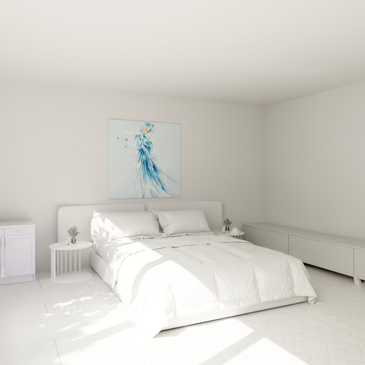 Silhouette de perroquet bleu marine et blanc au-dessus d'un lit dans une chambre claire