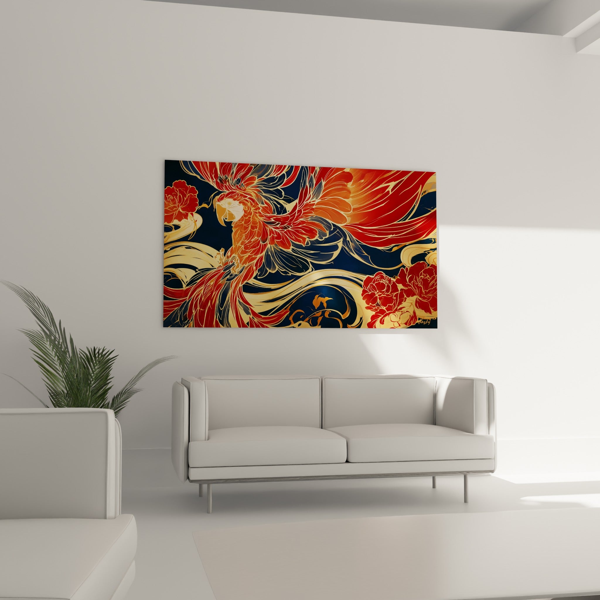 Oiseau flamboyant rouge et bleu marine peint au-dessus d'un canapé dans un salon lumineux