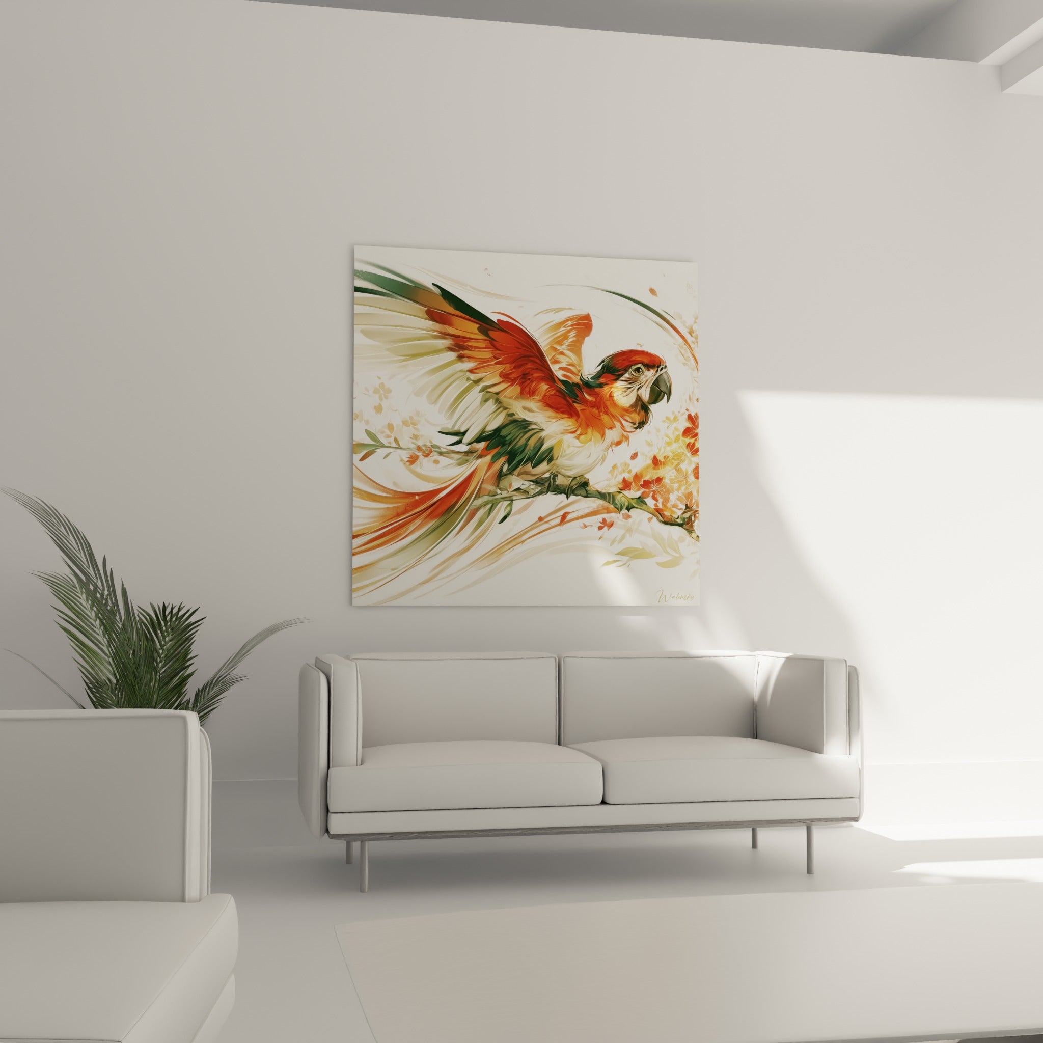 Oiseau tropical orangé et vert perché sur une branche, au-dessus d'un canapé dans un salon lumineux