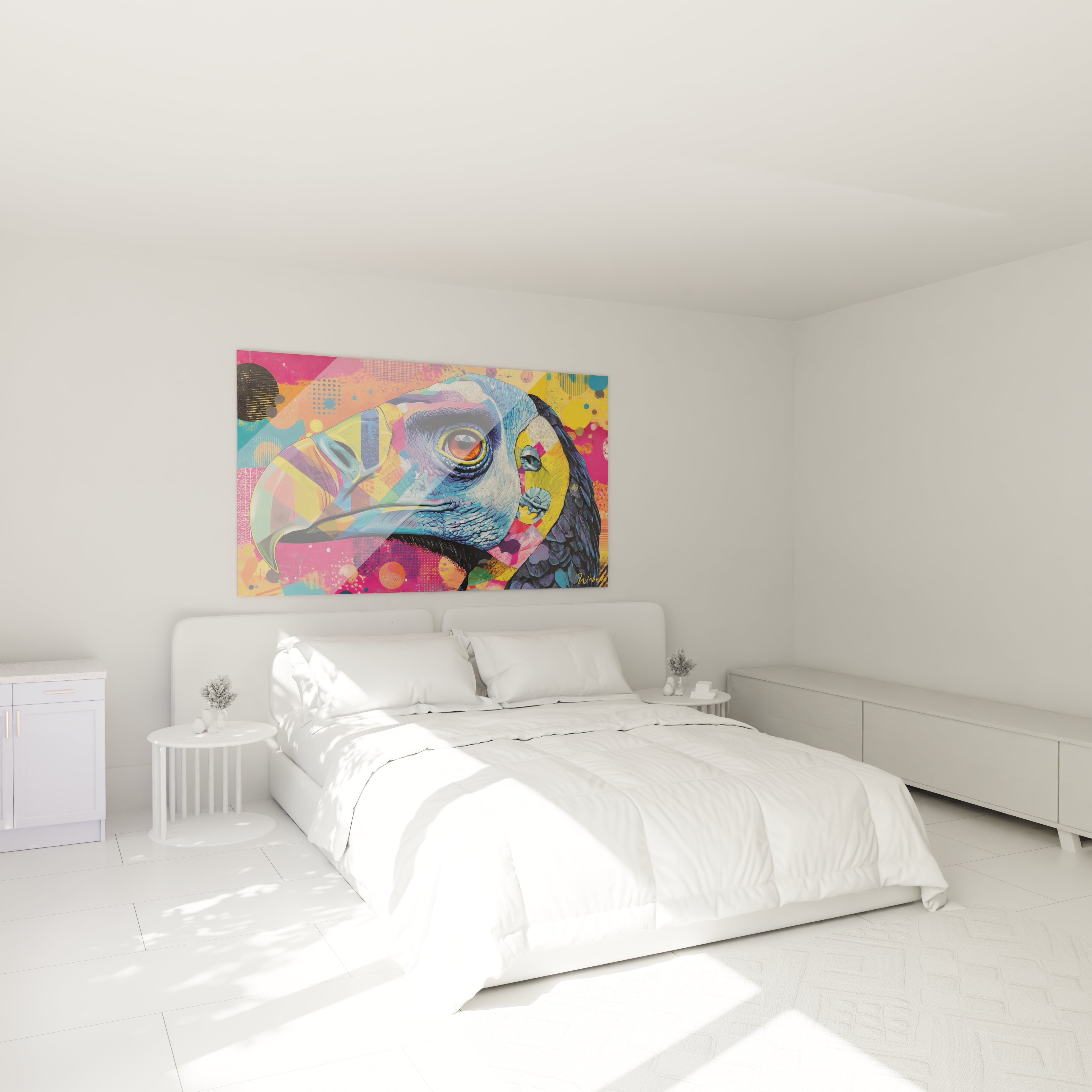 Tableau perroquet coloré dans chambre moderne, décoration murale tropicale pour ambiance contemporaine