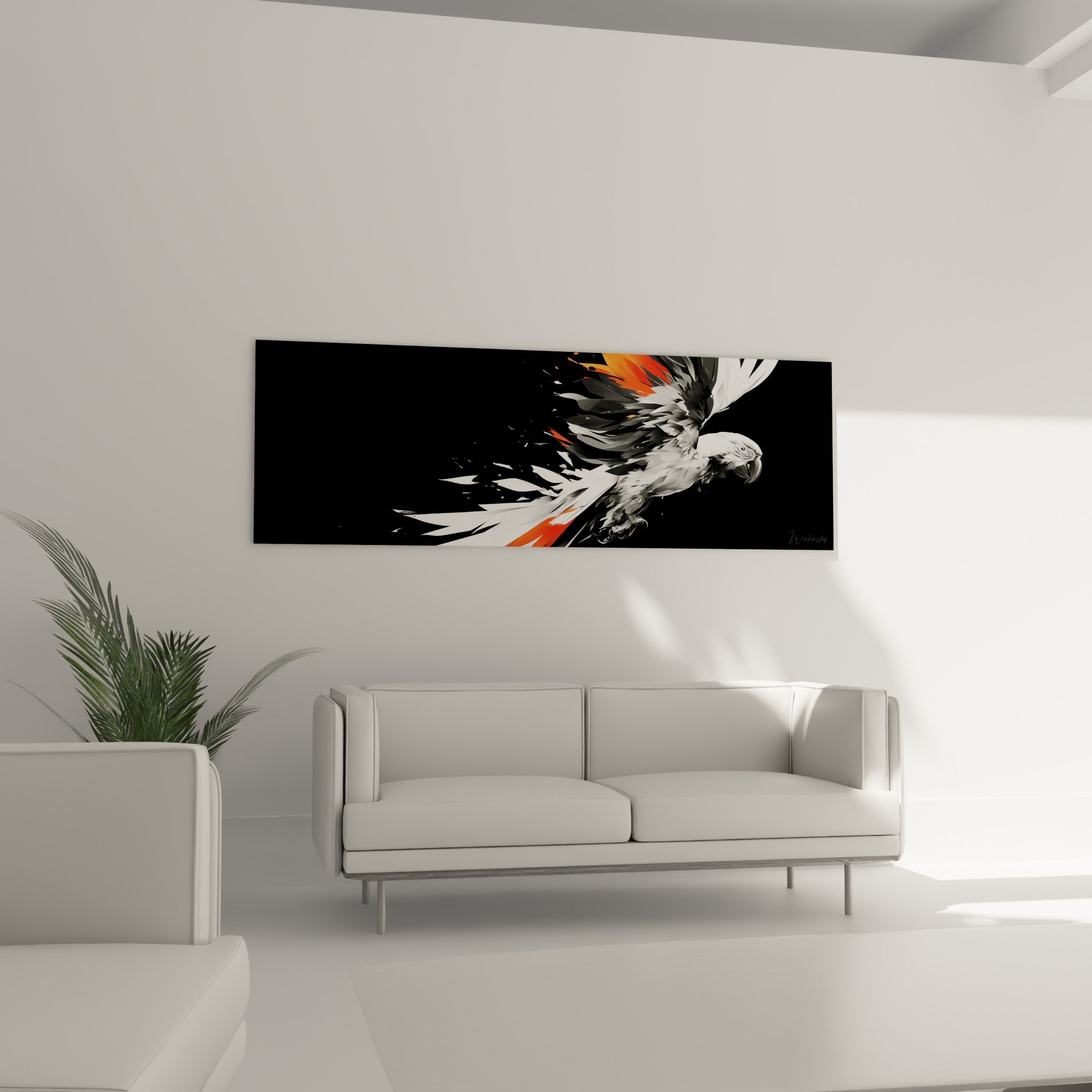 Envol de perroquet contrasté blanc et anthracite, au-dessus d'un canapé dans un salon lumineux