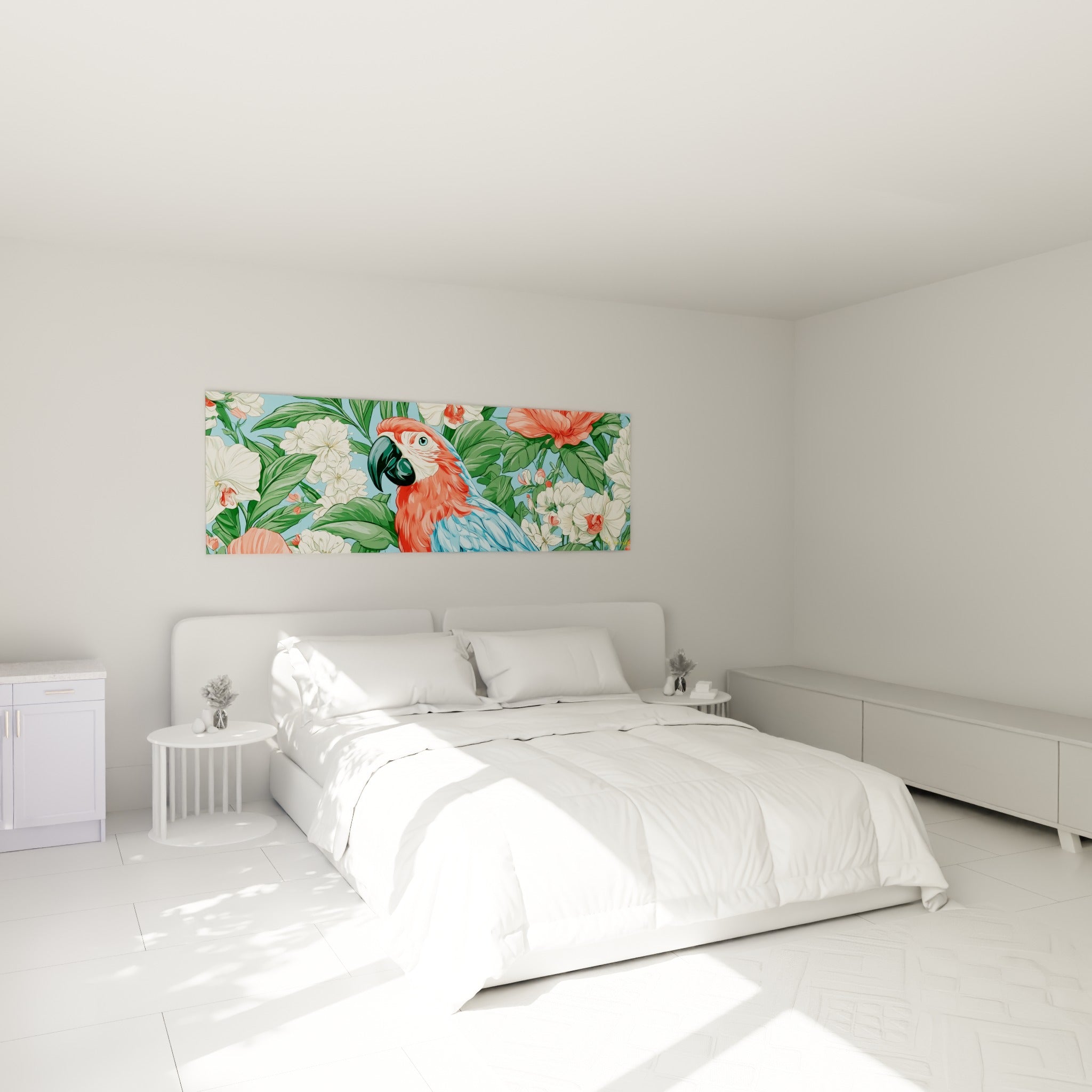 Perroquet corail parmi orchidées blanches, accroché au-dessus d'un lit dans une chambre claire