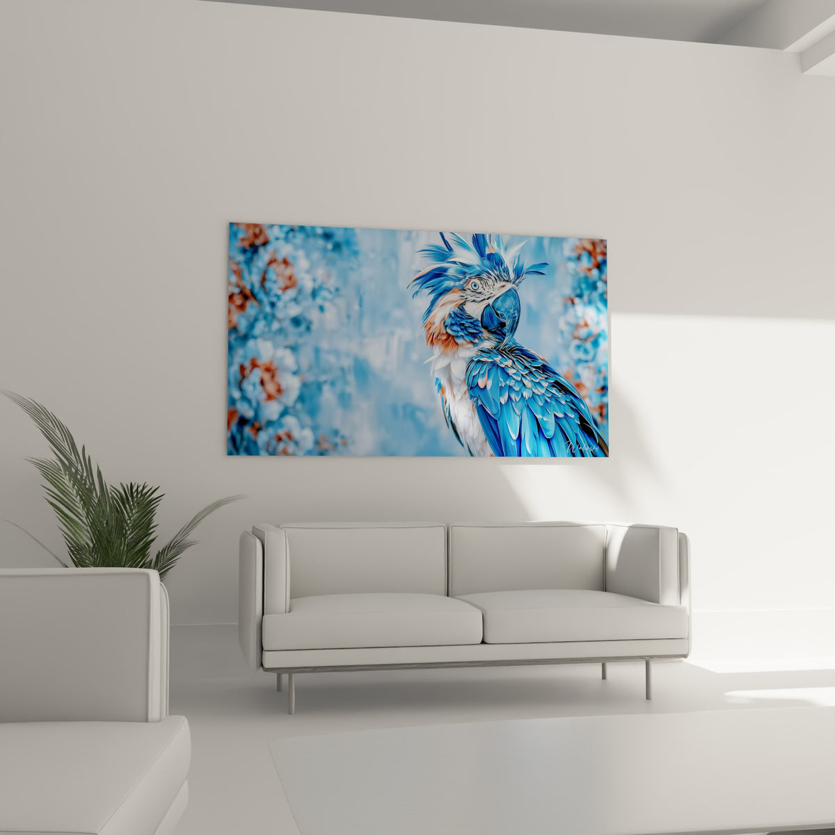Perroquet à crête bleue entouré de fleurs pastel, accroché au-dessus d'un canapé dans un salon lumineux