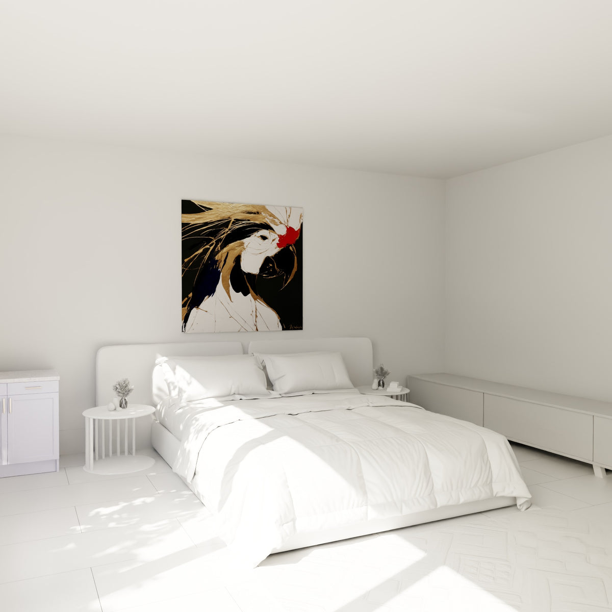 Perroquet doré et blanc au regard intense, accroché au-dessus d'un lit dans une chambre claire