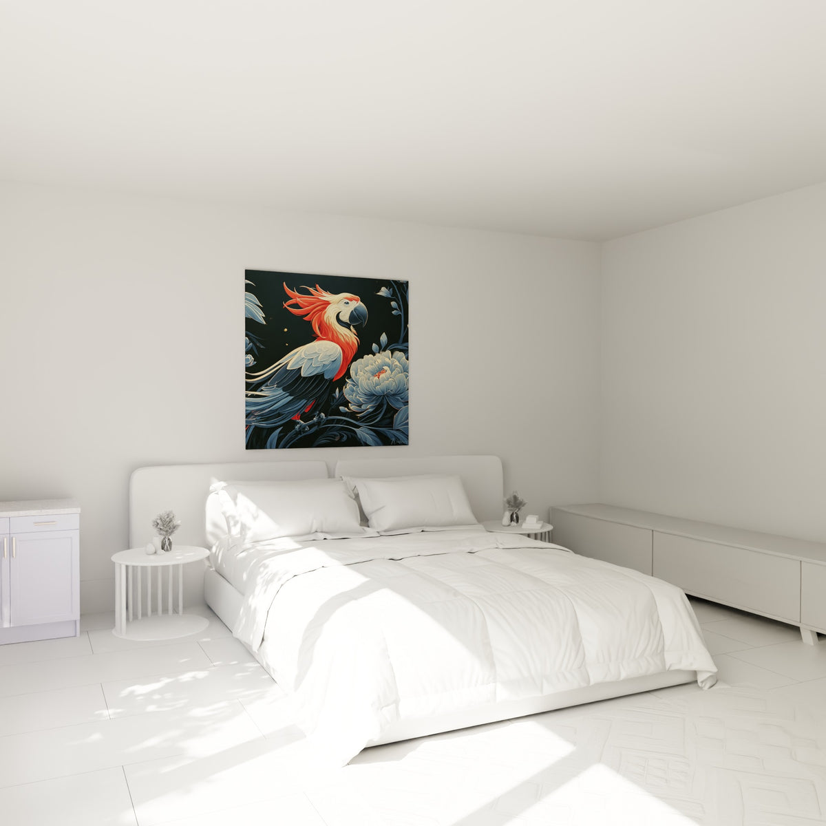 Volatile écarlate aux plumes anthracite accroché au-dessus d'un lit dans une chambre claire