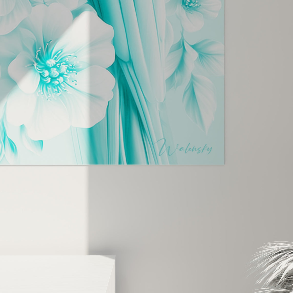 Détail des plumes turquoise et des pétales blancs finement texturés, révélant le grain de l'impression