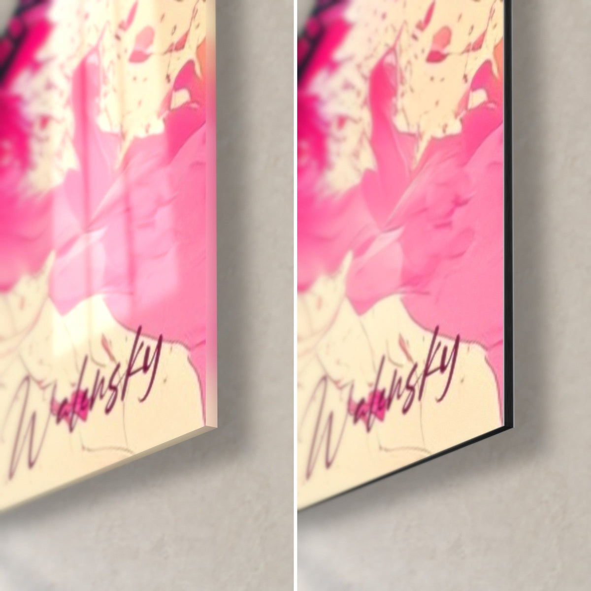 Gemälde Ara in gesprenkelter Malerei, hellrosa Ecke unten rechts mit Signatur, glänzendes Glas links, mattes schwarzes Dibond rechts