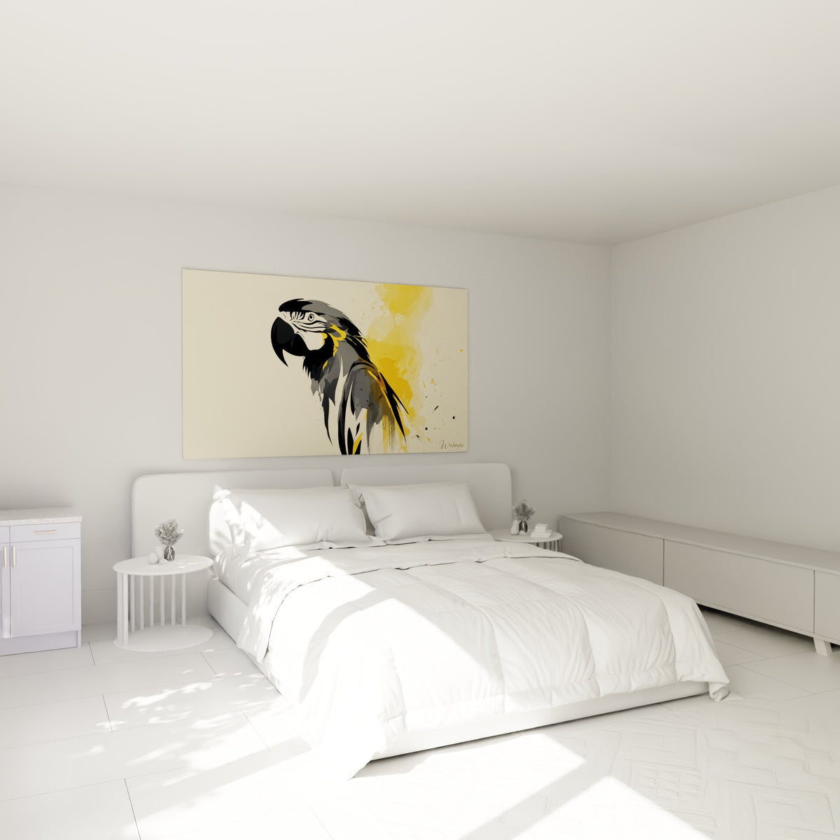 Silhouette de perroquet anthracite et doré, accrochée au-dessus d'un lit dans une chambre claire