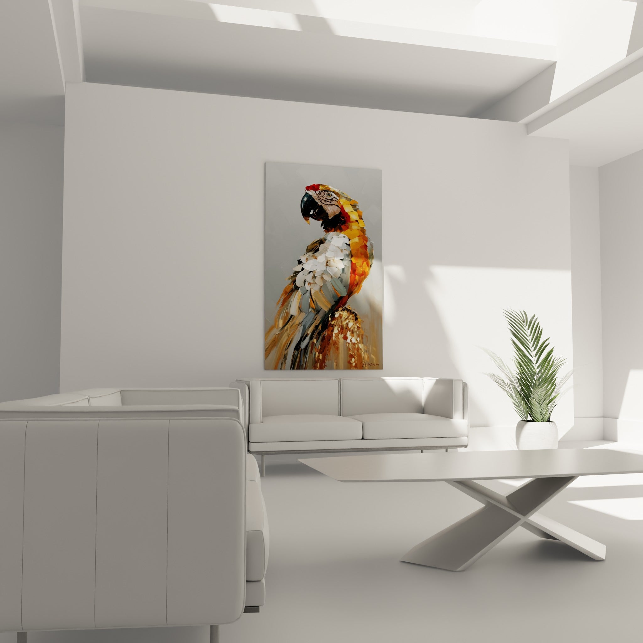 Oiseau exotique gris, ocre et orangé aux empâtements épais, au-dessus d'un canapé dans un salon lumineux