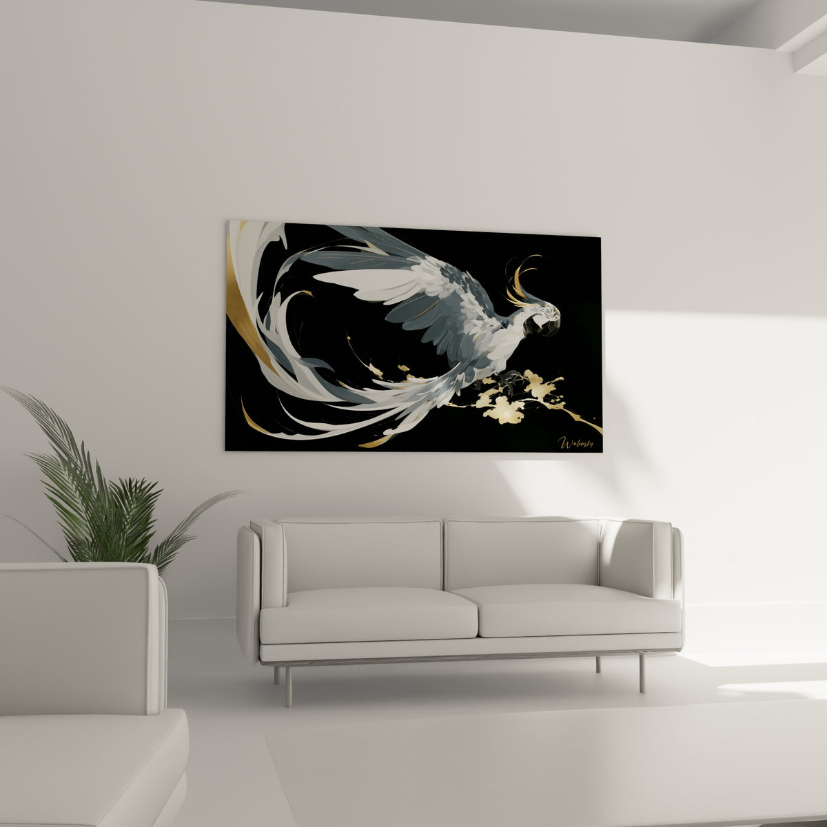 Oiseau gris perle aux reflets dorés déployant ses ailes, au-dessus d'un canapé dans un salon lumineux