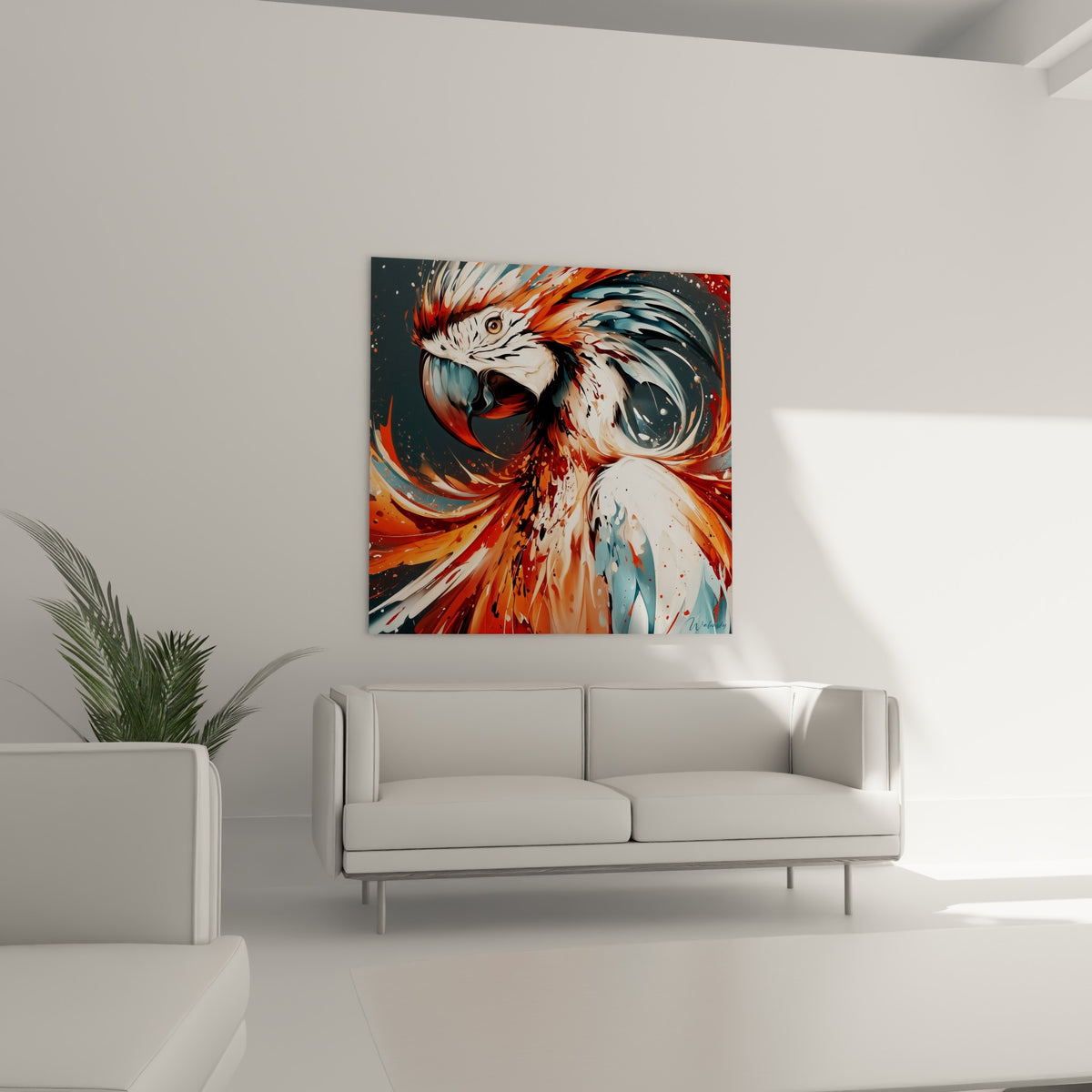 Volatile flamboyant orange et blanc cassé disposé au-dessus d'un canapé dans un salon lumineux