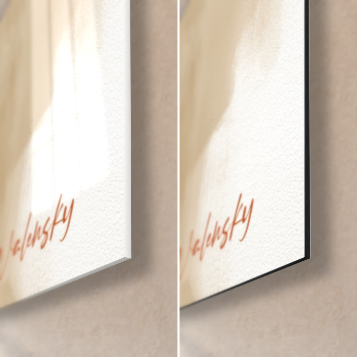 Tableau oiseau exotique, coin bas droit : signature orange Walensky sur beige, verre acrylique brillant et Dibond noir mat de 3 mm