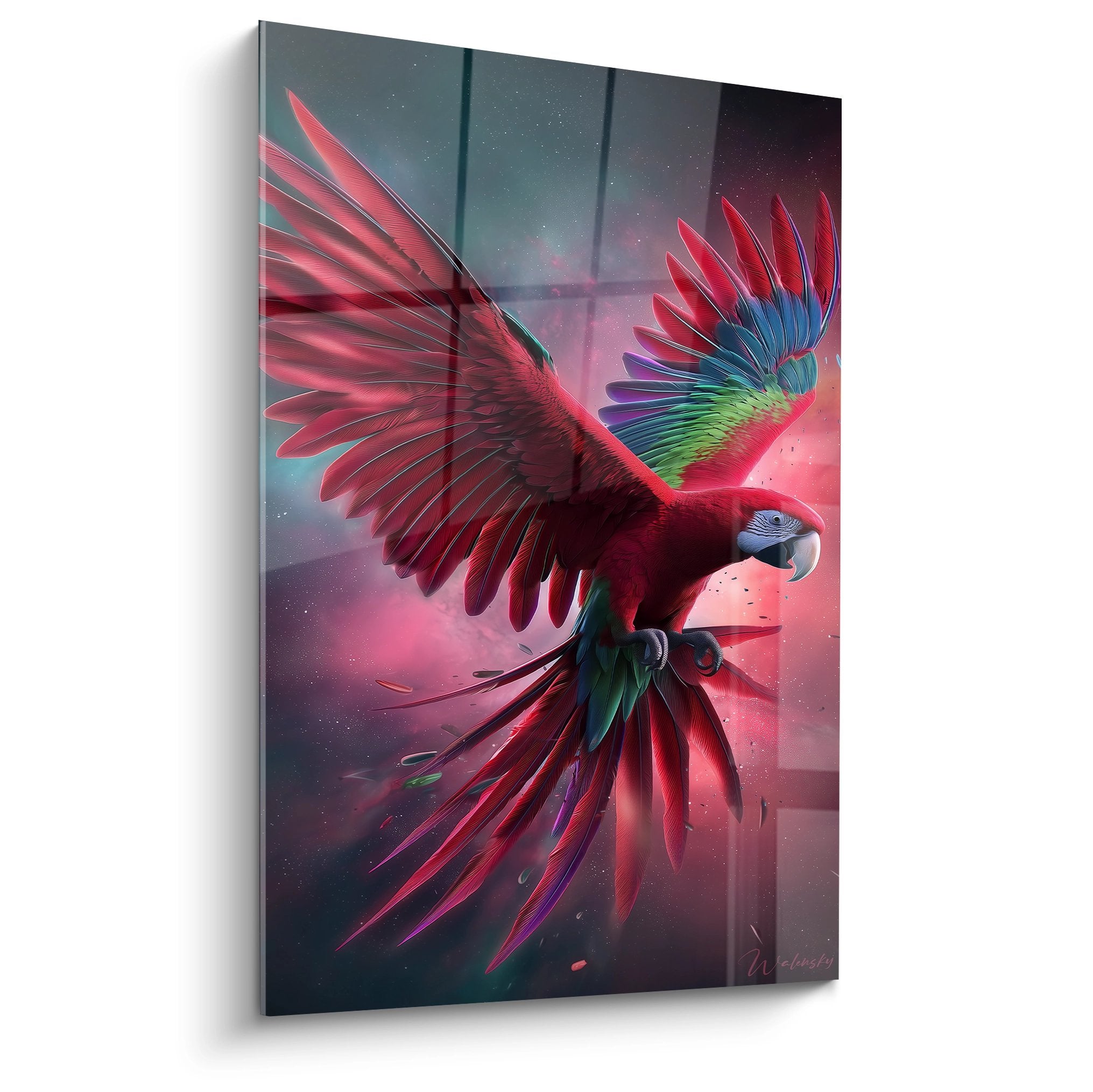 Papagei-Ara mit roten Federn und ausgebreiteten Flügeln im rosa und violetten Kosmos mit funkelnden Sternen Wanddekoration