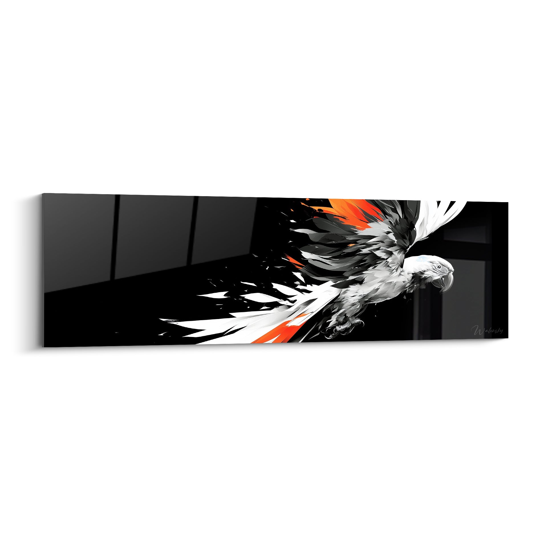 Perroquet en plein envol, plumage noir et blanc éclaté d'orange vif sur fond sombre