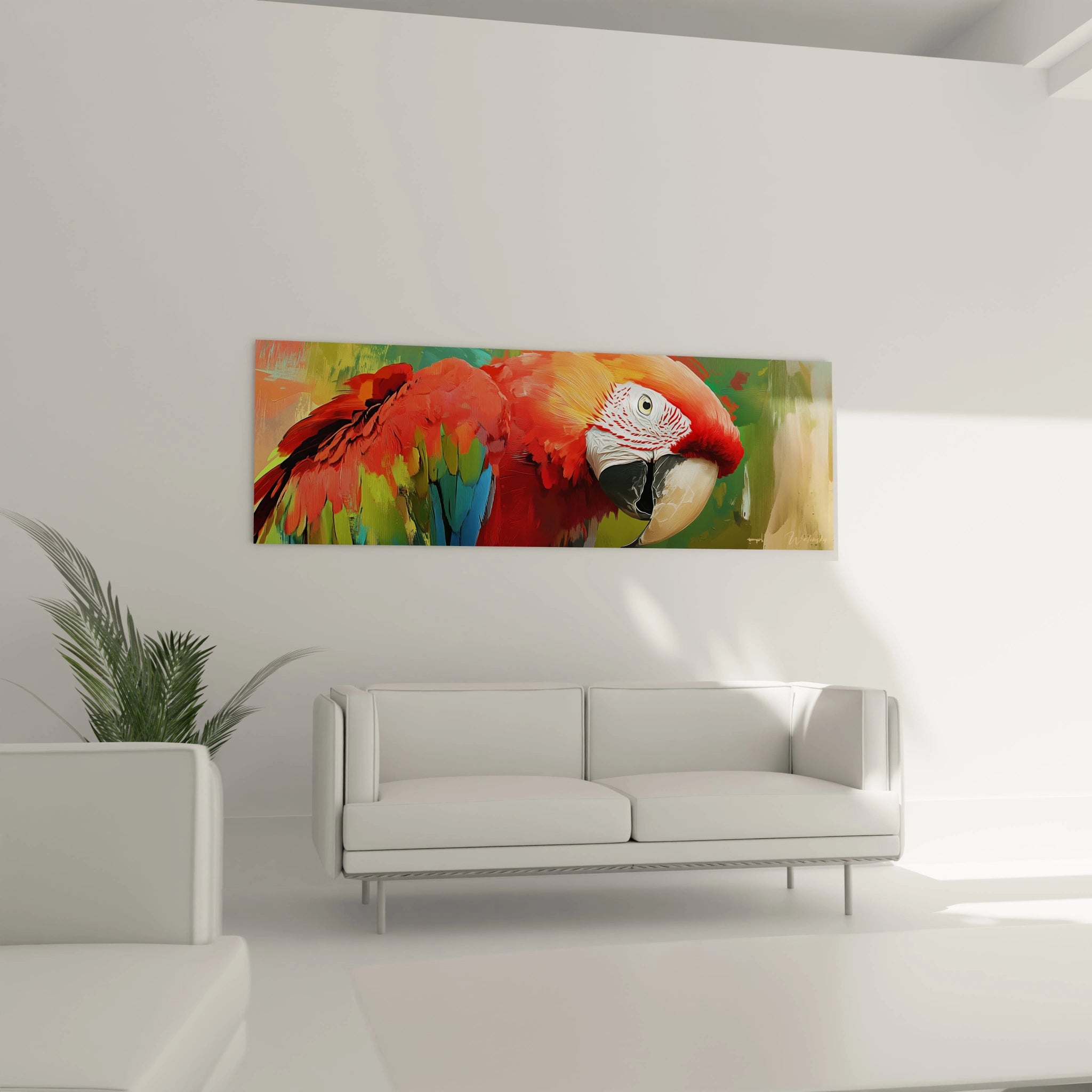 Tableau perroquet coloré Walensky accroché au-dessus d'un canapé blanc dans un salon moderne