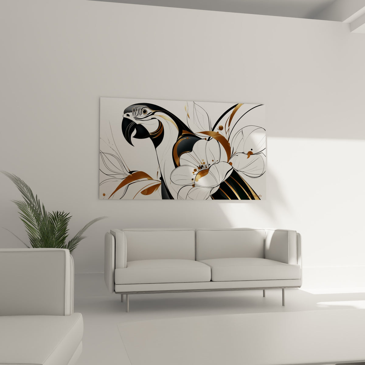 Perroquet stylisé aux tons noir et or, fleurs esquissées, au-dessus d'un canapé dans un salon lumineux