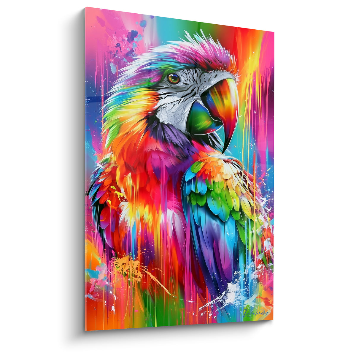 Perroquet fuchsia et turquoise au bec ouvert, plumage coloré avec coulures de peinture éclatantes