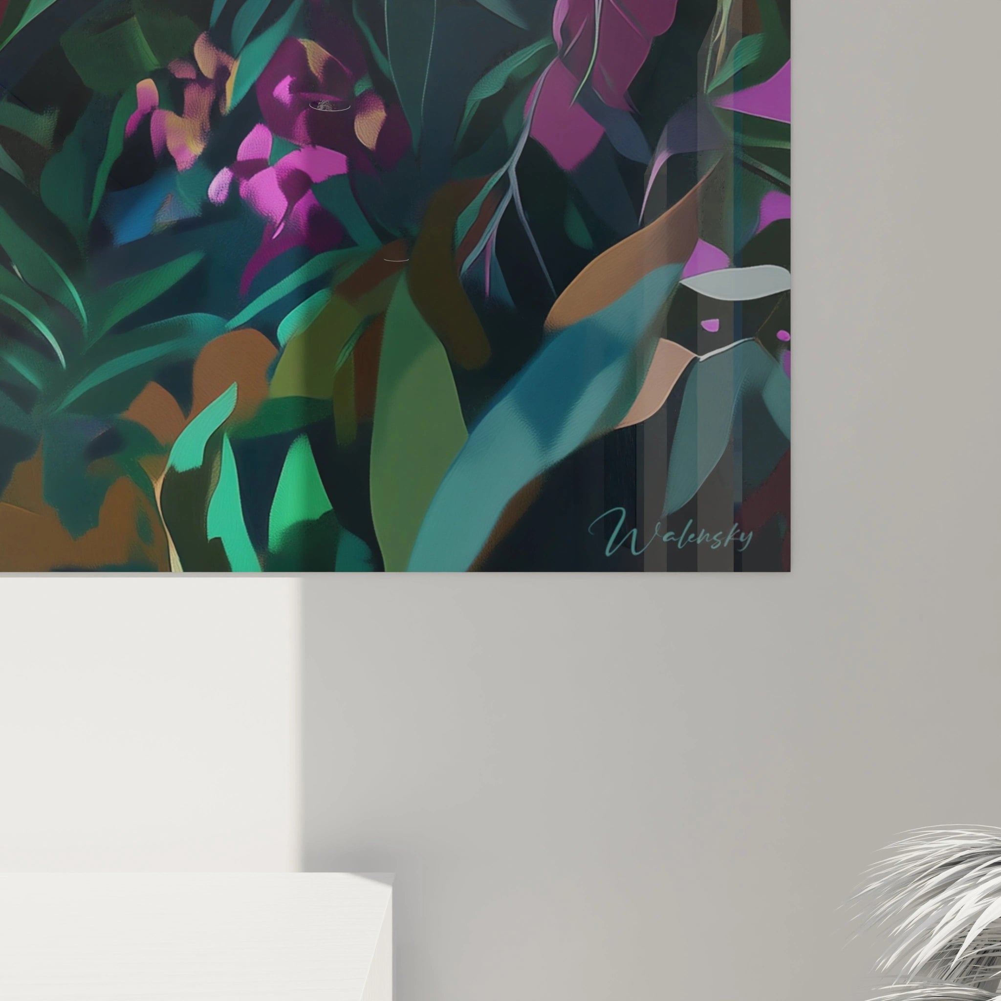 Tableau perroquet Walensky avec motifs feuillages colorés et touches de violet pour décoration murale