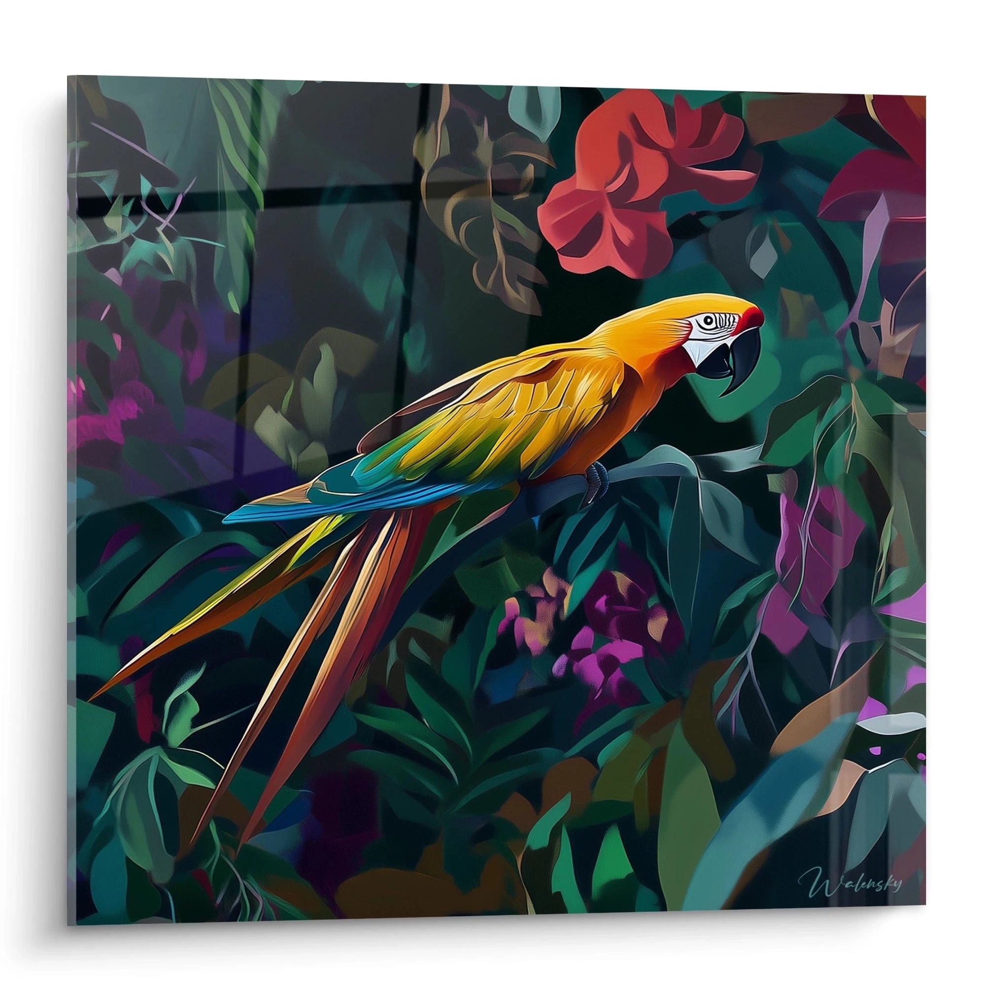 Tableau perroquet Walensky coloré avec un oiseau exotique sur fond de feuillage luxuriant