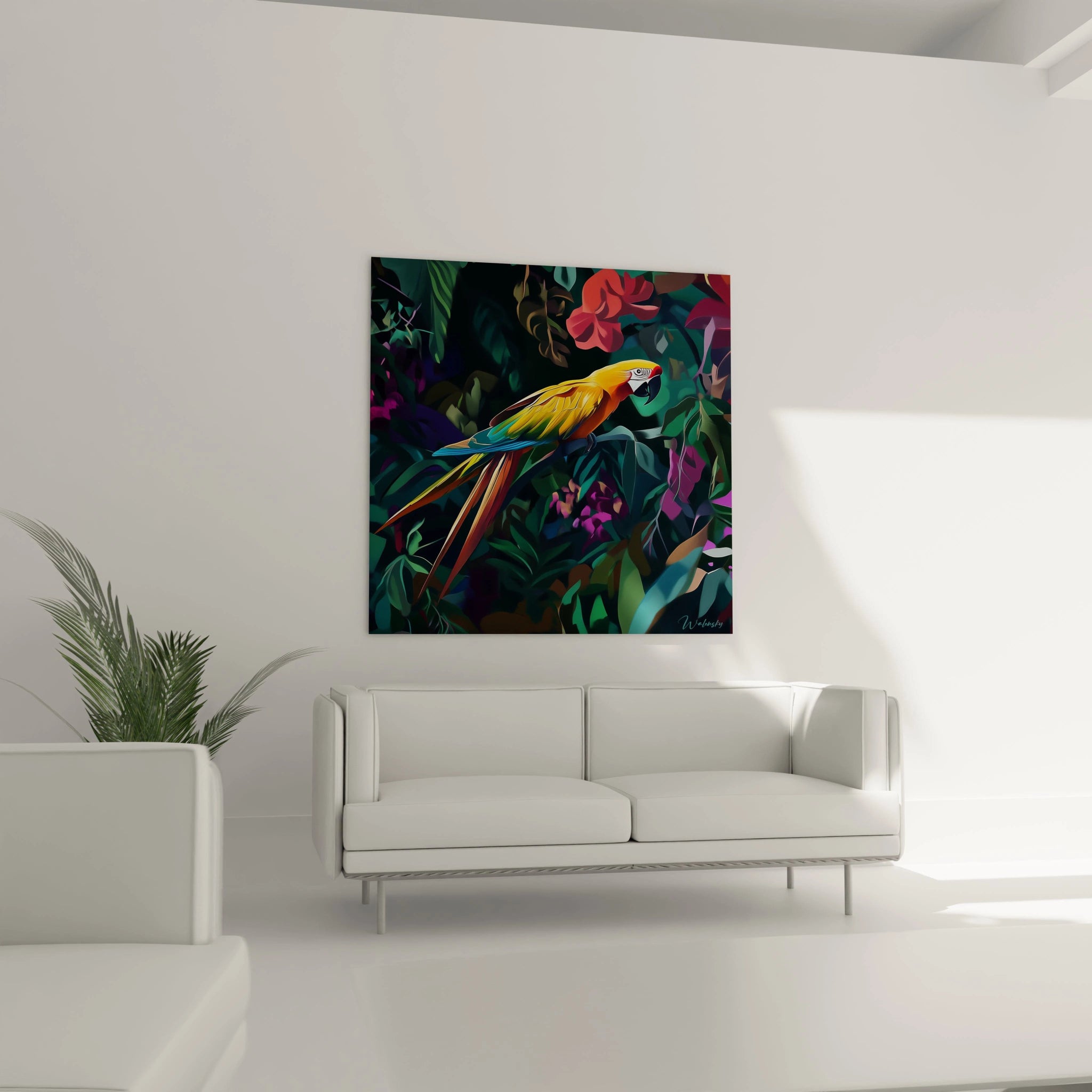Tableau perroquet coloré Walensky accroché au mur d'un salon moderne avec canapé blanc