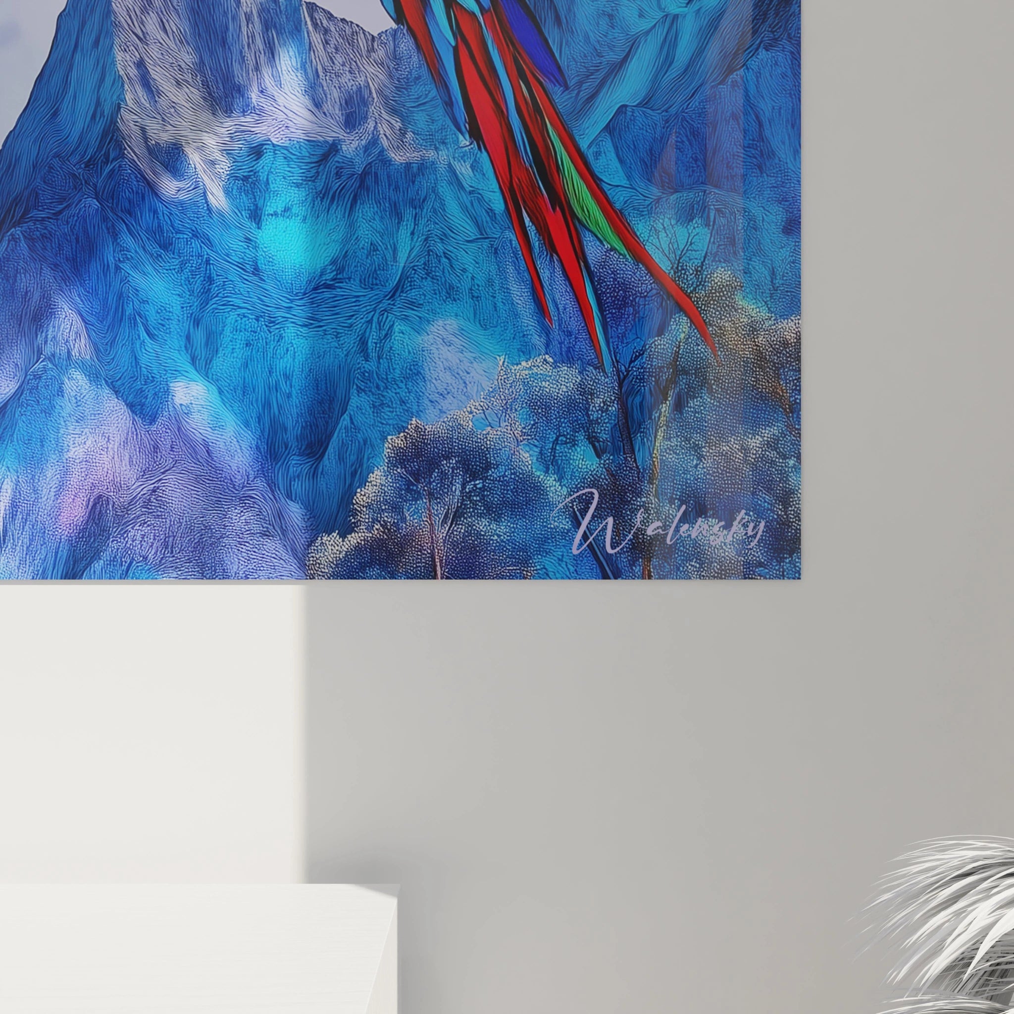 Tableau perroquet coloré Walensky avec fond bleu vif et détails naturels pour décoration murale