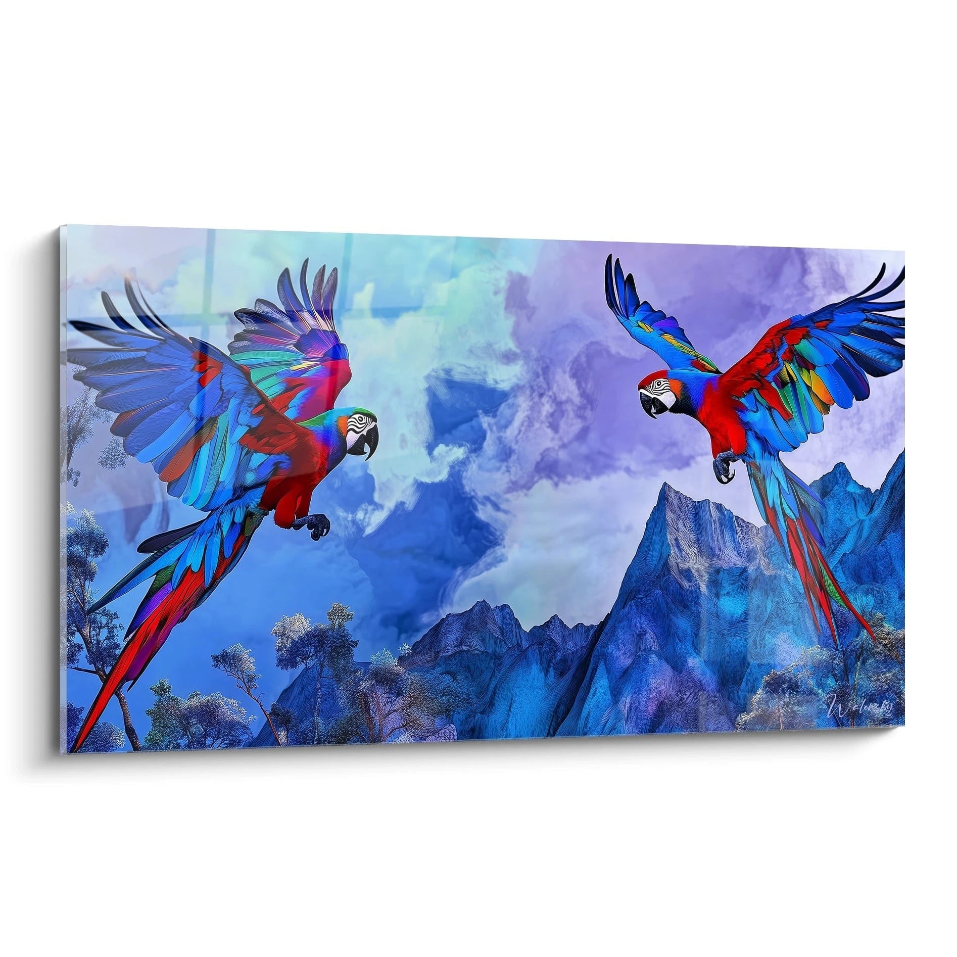 Tableau perroquet Walensky avec deux perroquets colorés volant devant un paysage montagneux bleu