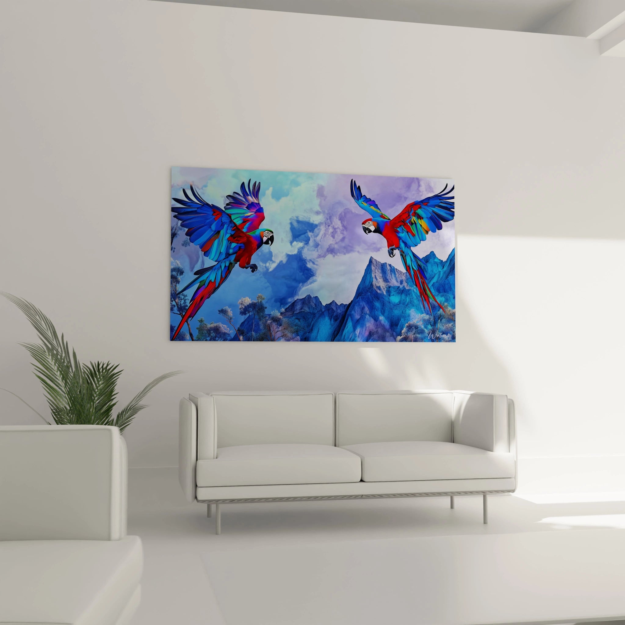 Tableau perroquet coloré Walensky avec deux oiseaux volant sur fond montagneux accroché au mur d'un salon moderne