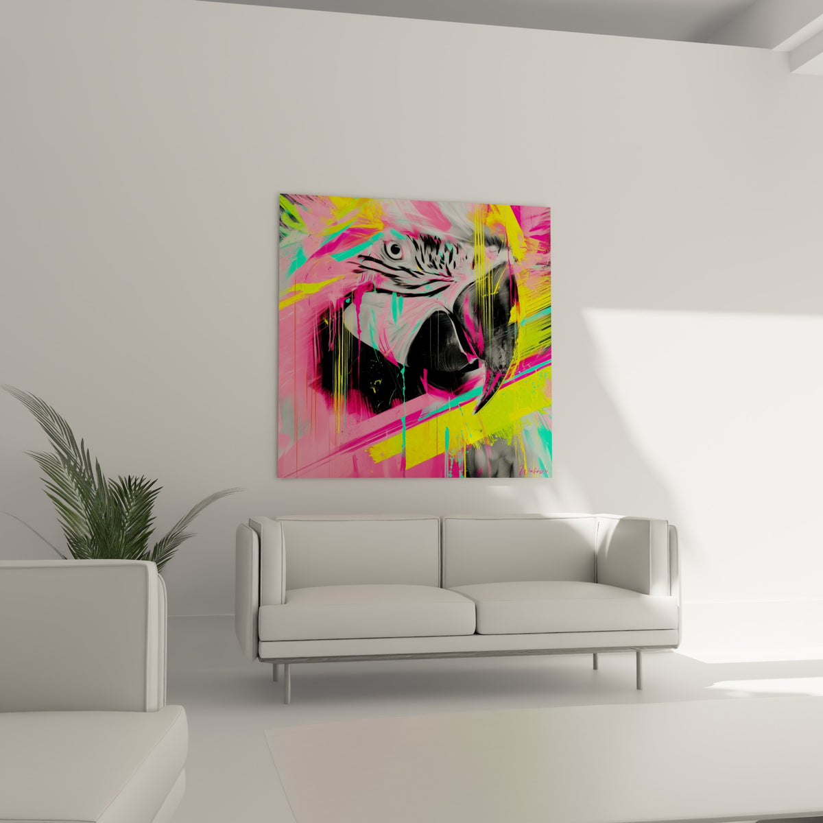 Perroquet noir et blanc strié de turquoise et rose vif, au-dessus d'un canapé dans un salon lumineux