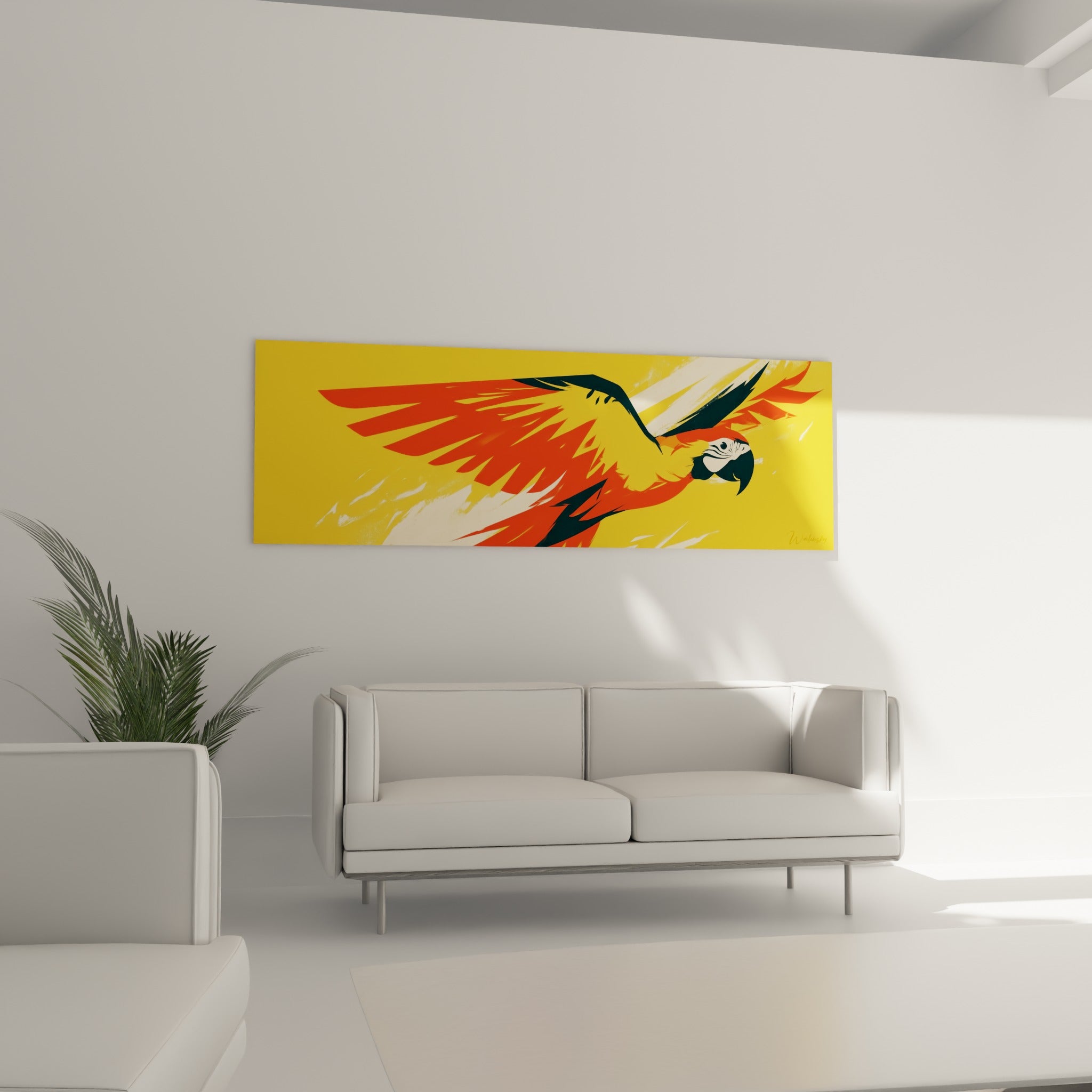 Oiseau stylisé jaune vif et rouge orangé en plein mouvement, au-dessus d'un canapé dans un salon lumineux
