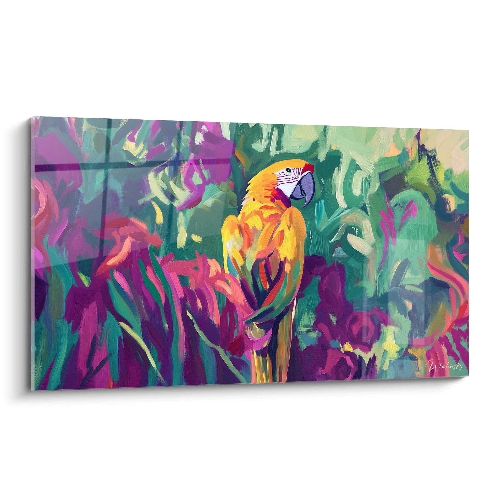 Tableau perroquet coloré Walensky avec peinture vibrante d'un perroquet jaune et orange sur fond végétal abstrait