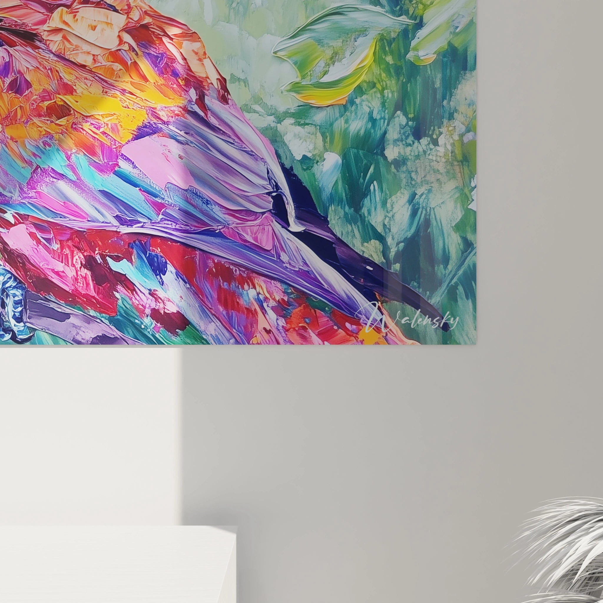 Tableau perroquet coloré signé Walensky avec peinture vibrante et détails artistiques