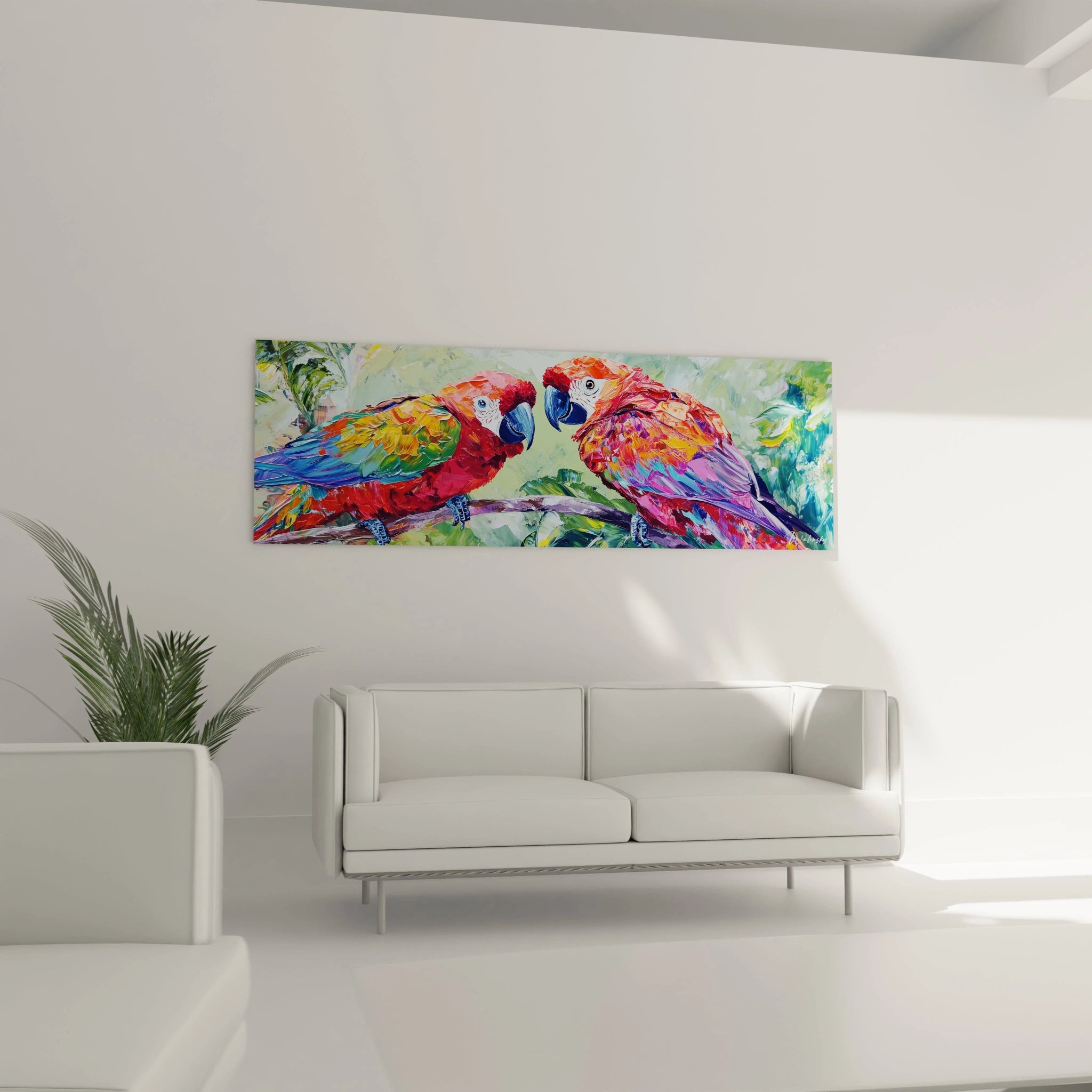 Tableau perroquet coloré par Walensky accroché au mur dans un salon moderne et lumineux