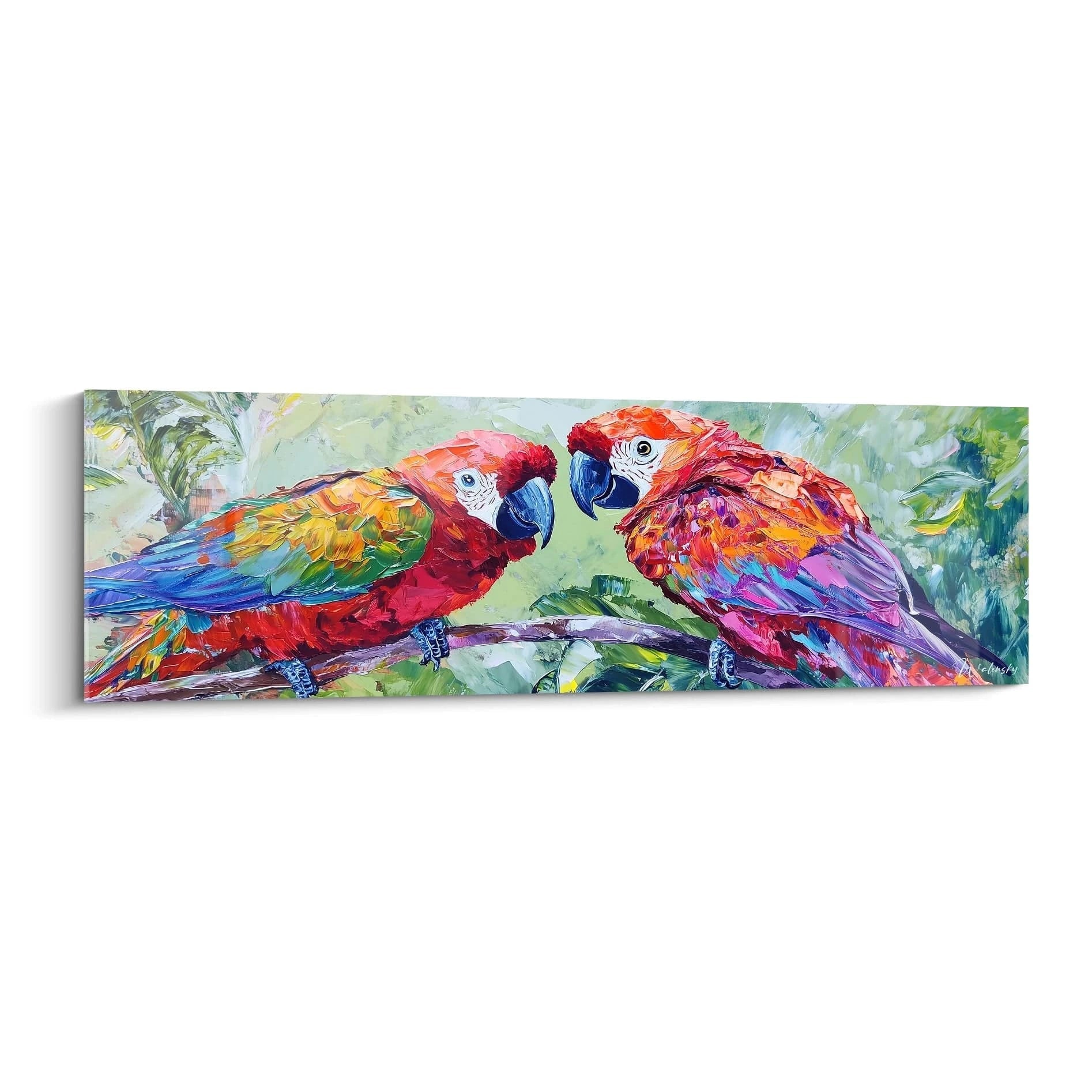 Tableau perroquet Walensky avec deux perroquets colorés sur fond de feuillage vert