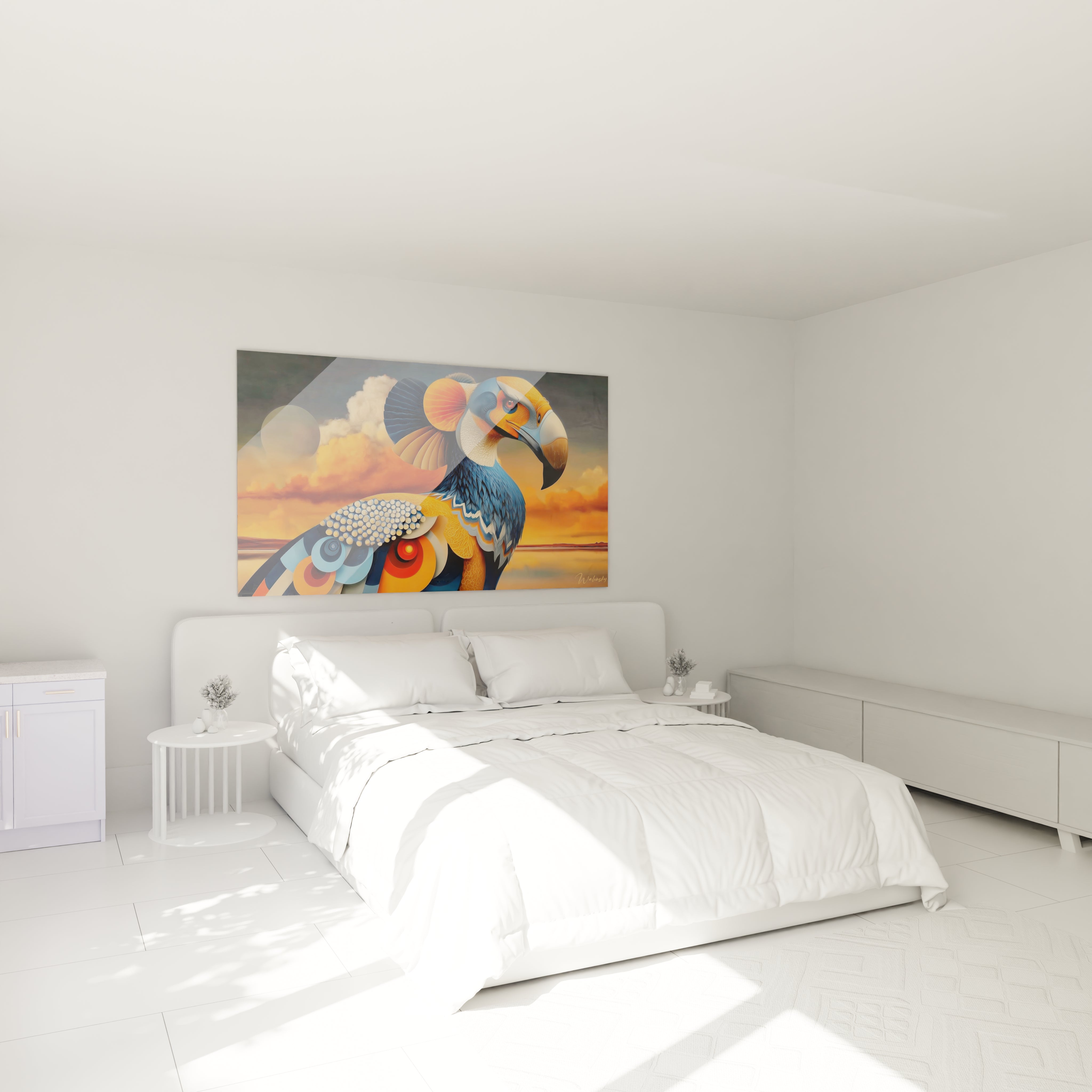 Tableau perroquet moderne dans une chambre contemporaine, décoration murale élégante aux tons orange et bleu
