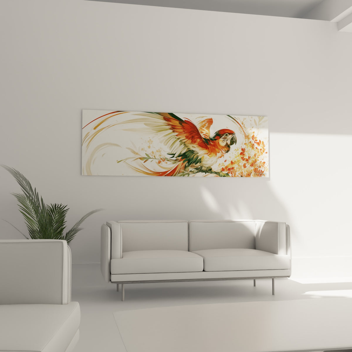 Perroquet aux tons rouge et vert profond, plumage détaillé, au-dessus d'un canapé dans un salon lumineux