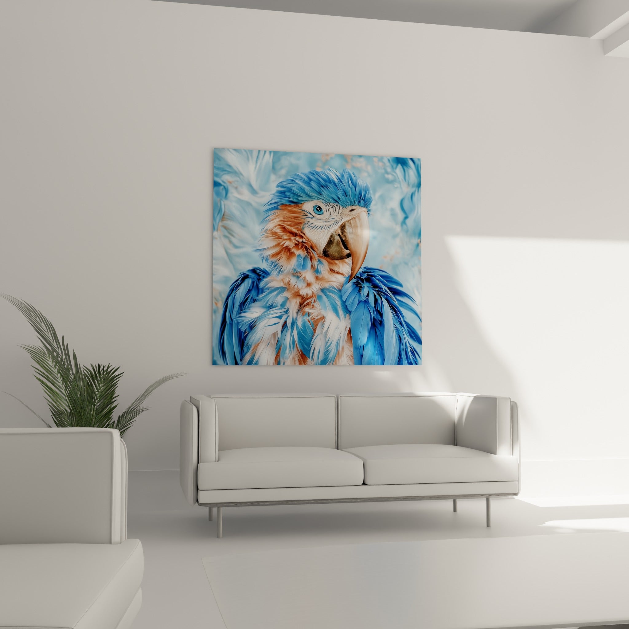 Perroquet bleu saphir et pêche saumoné, plumage ébouriffé, suspendu au-dessus d'un canapé dans un salon lumineux