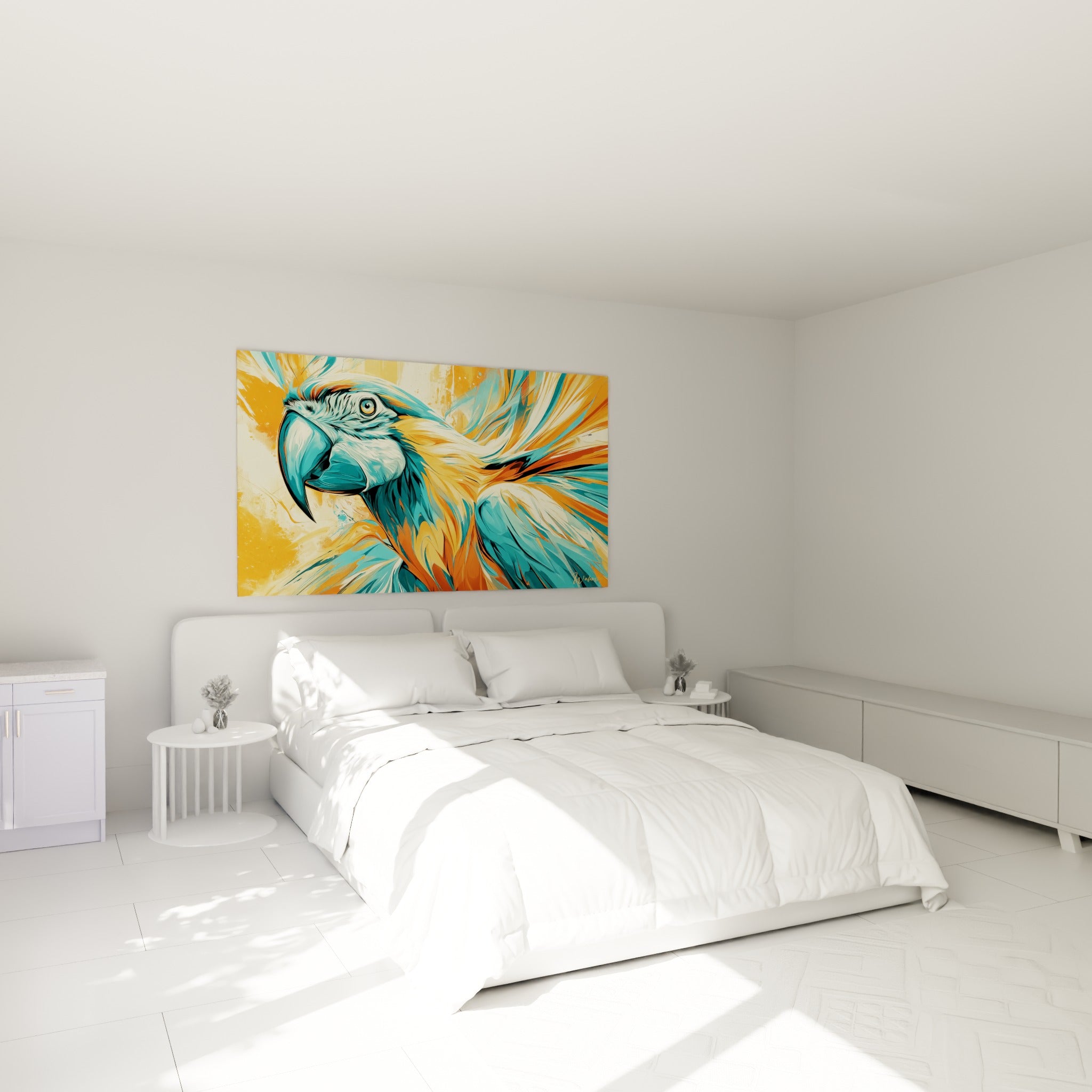 Oiseau turquoise et orangé aux plumes fluides accroché au-dessus d'un lit dans une chambre claire