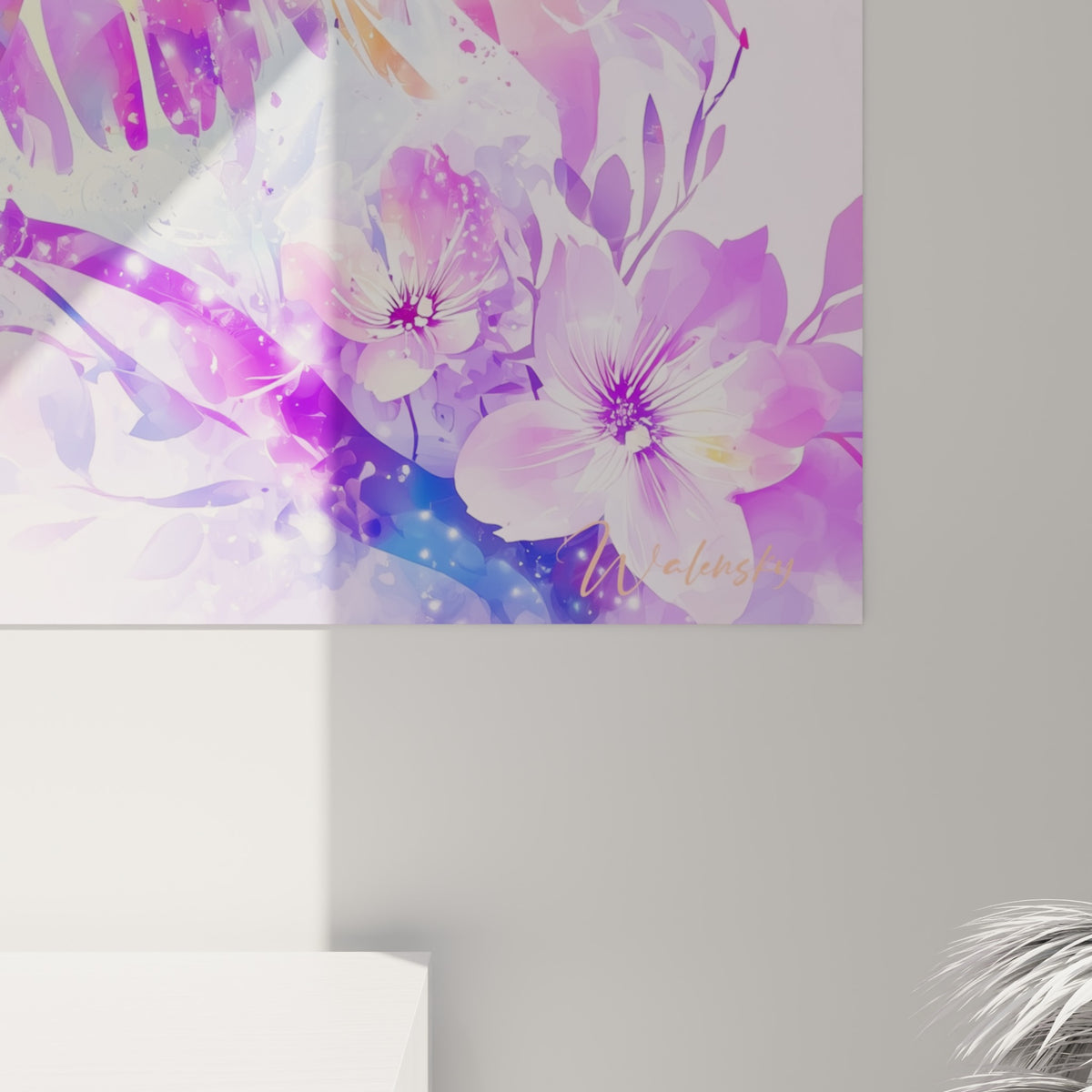 Détail des plumes du cacatoès où le violet et l'orangé se fondent en touches lumineuses et texturées
