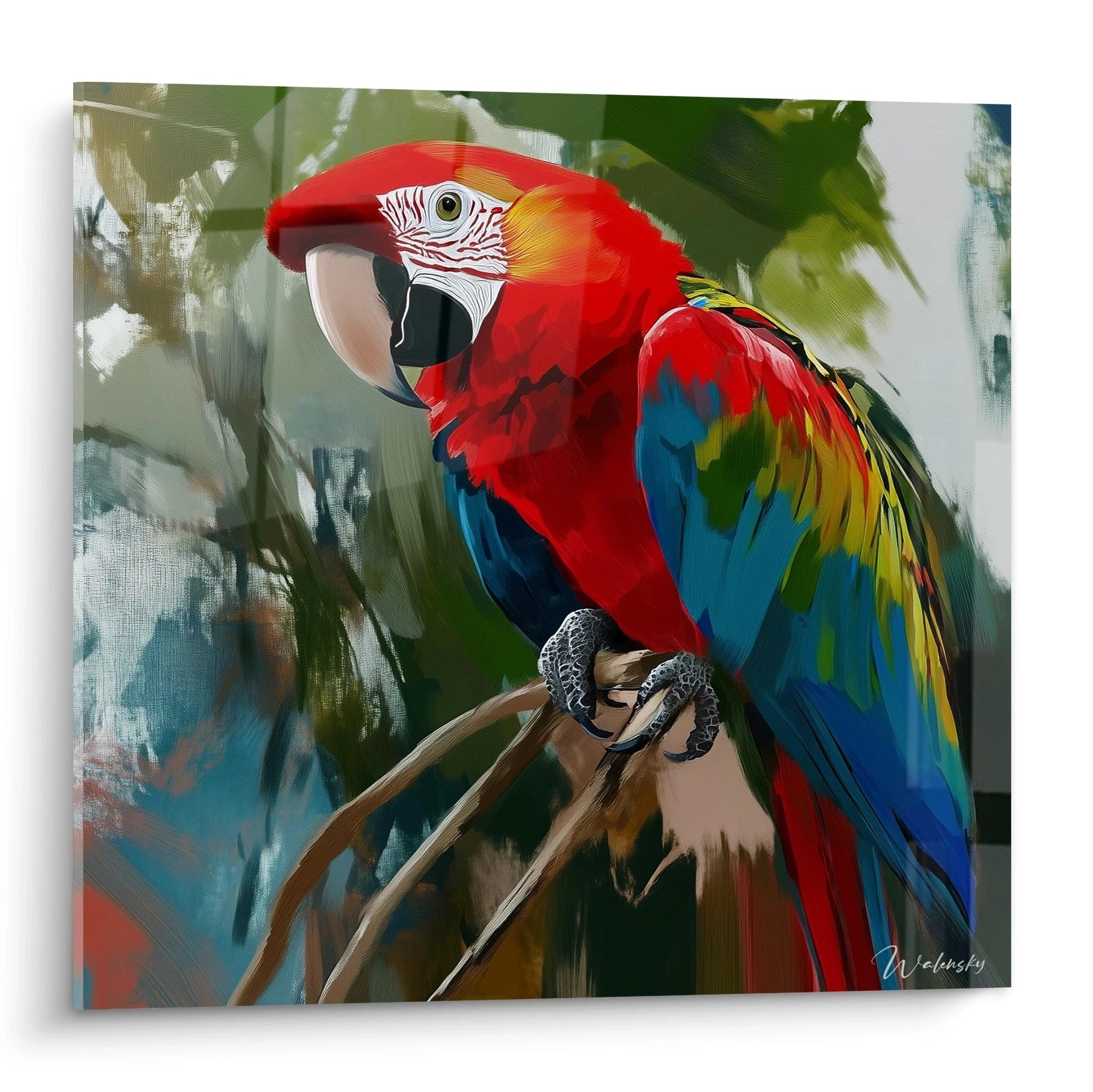 Tableau perroquet coloré de Walensky représentant un perroquet vibrant sur une branche