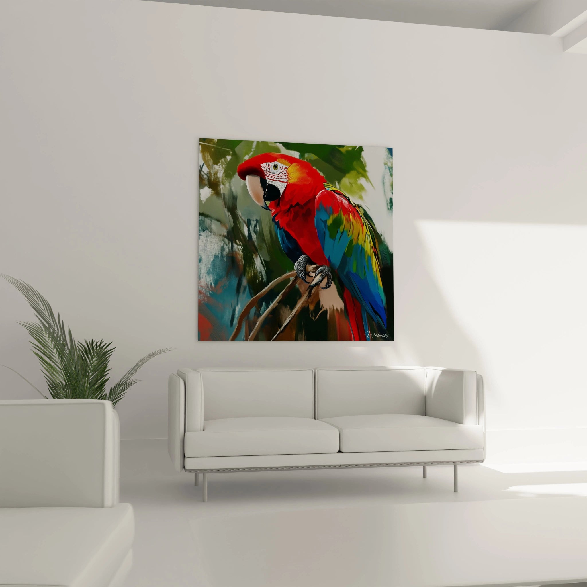 Tableau perroquet coloré Walensky accrochée au mur dans un salon moderne blanc