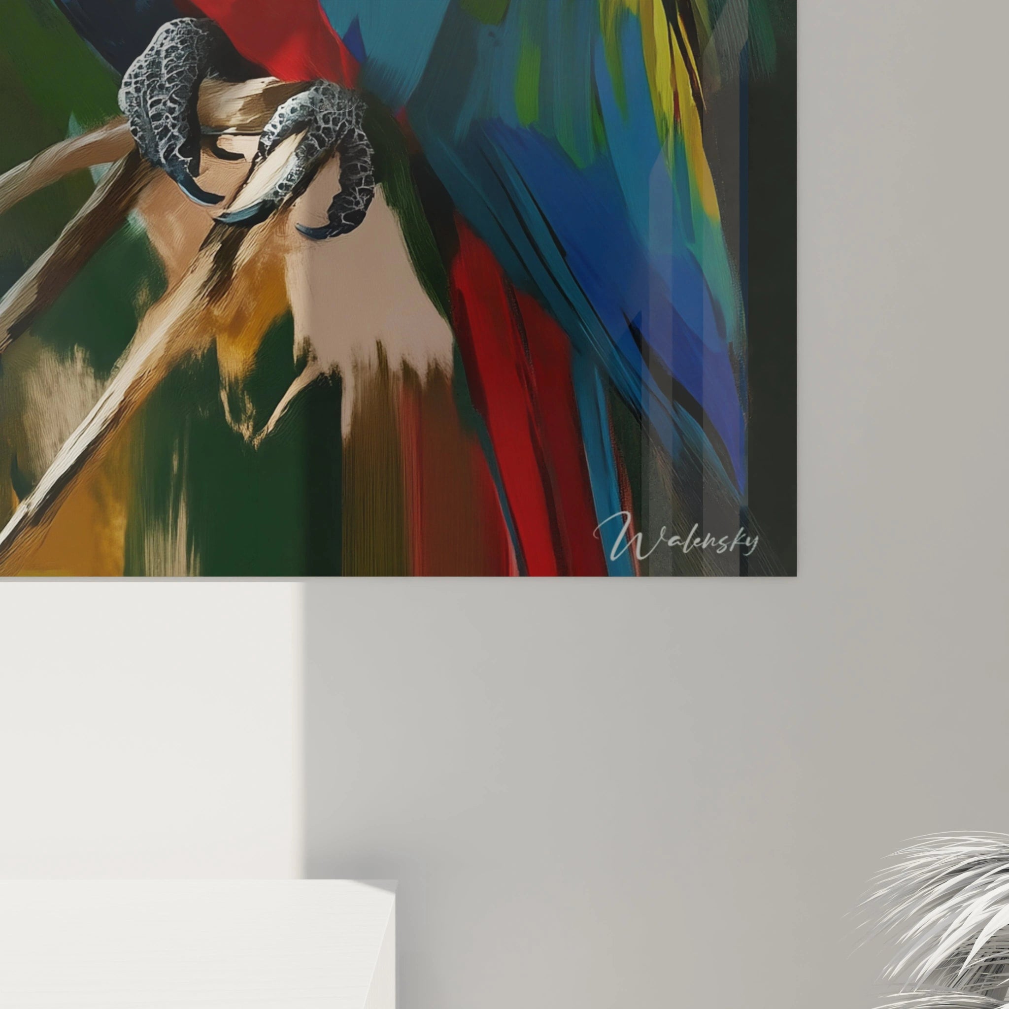 Tableau perroquet coloré signé Walensky avec détails précis des plumes et du bec