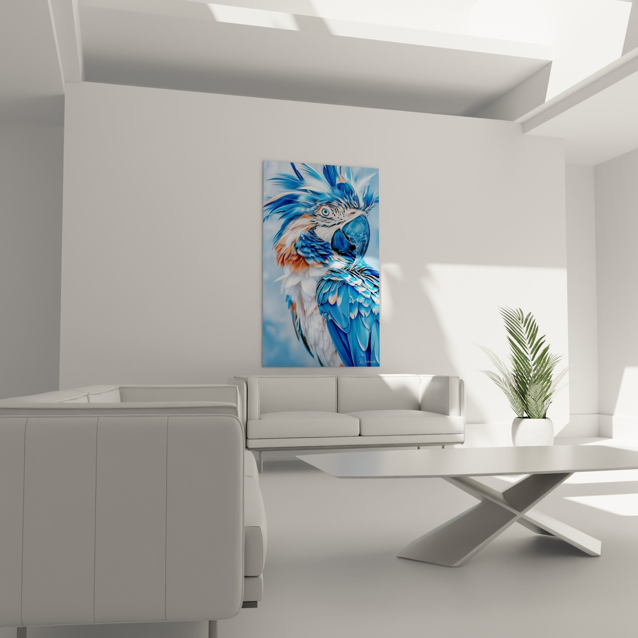 Regard perçant d'un Perroquet bleu et blanc aux plumes vives, au-dessus d'un canapé dans un salon lumineux