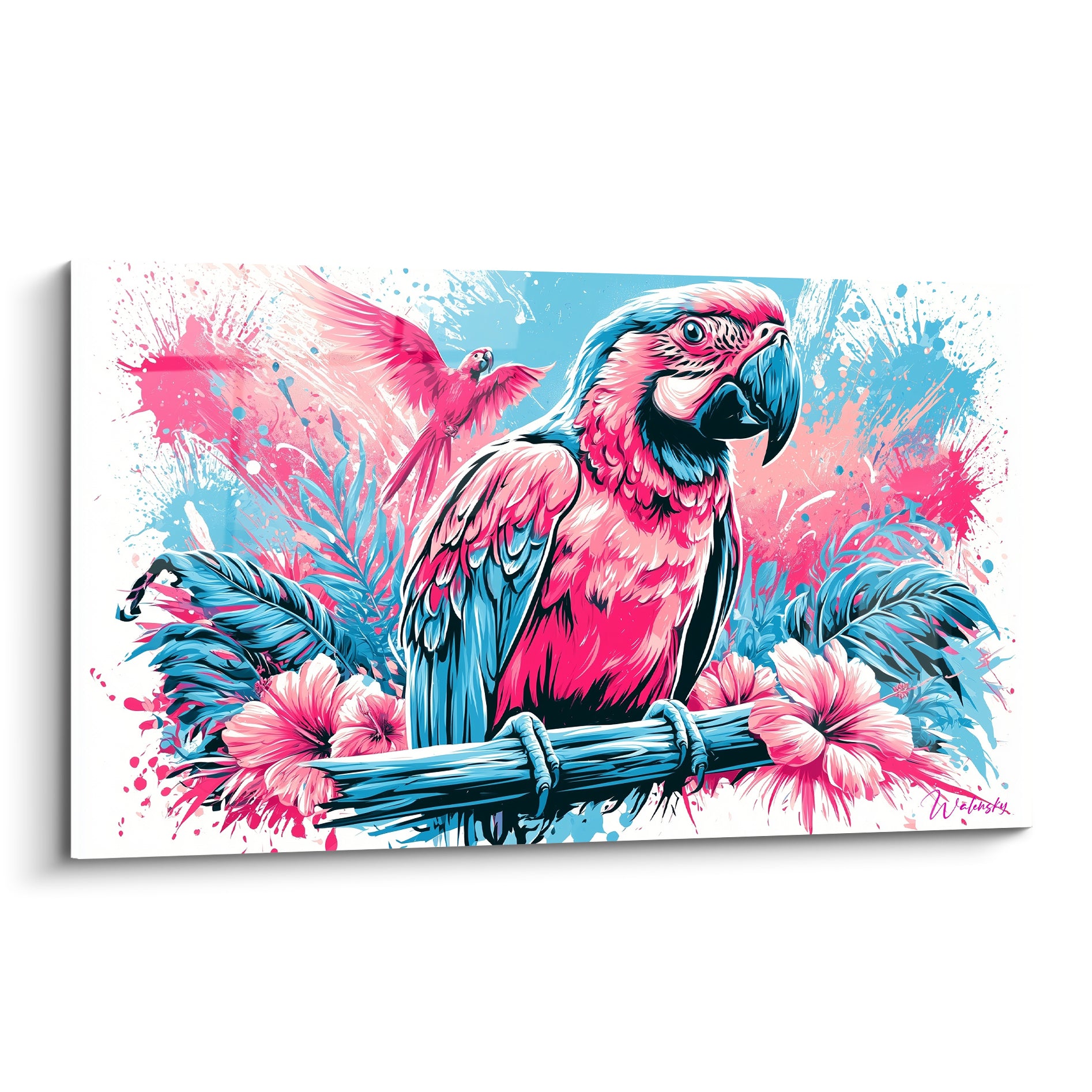 Perroquet rose fuchsia et bleu turquoise perché, style graphique éclaboussé sur fond blanc