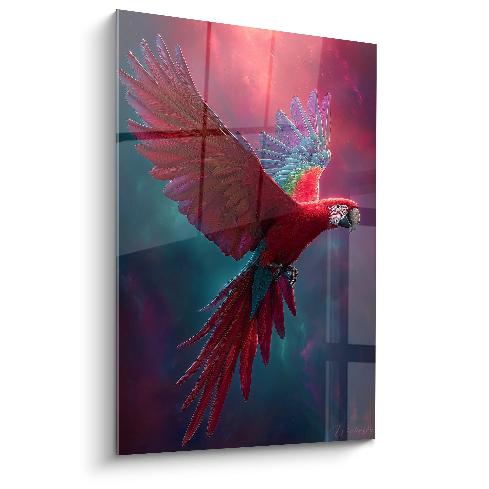Red parrot painting with wings spread in flight with turquoise reflections on bright tropical background