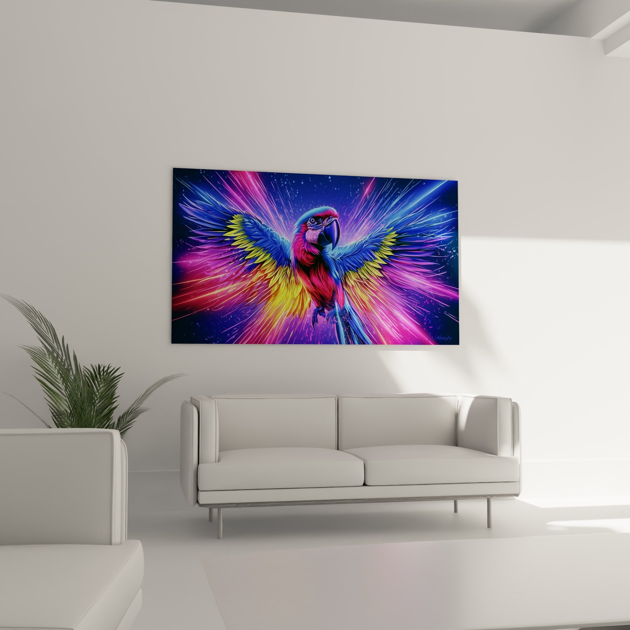 Plumage écarlate et cobalt d'un perroquet en plein envol au-dessus d'un canapé dans un salon lumineux