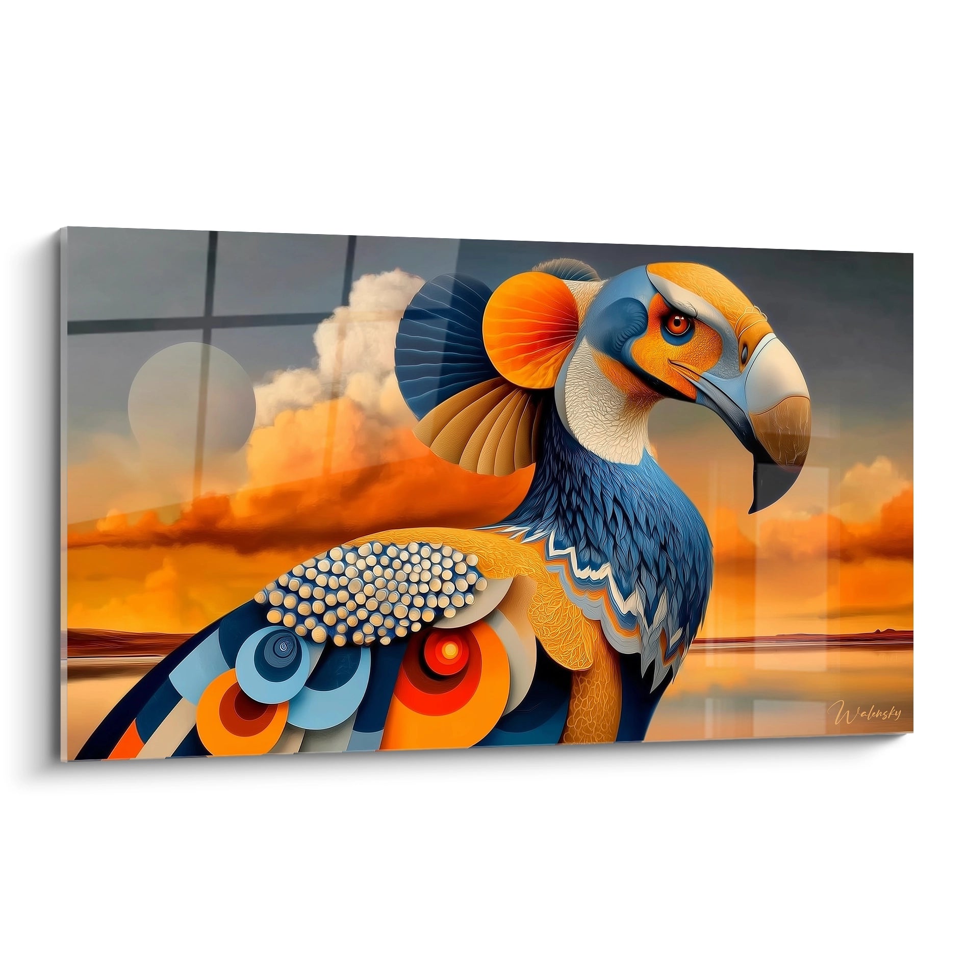 Tableau mural perroquet stylisé aux couleurs orange et bleu avec motifs géométriques sur fond de coucher de soleil
